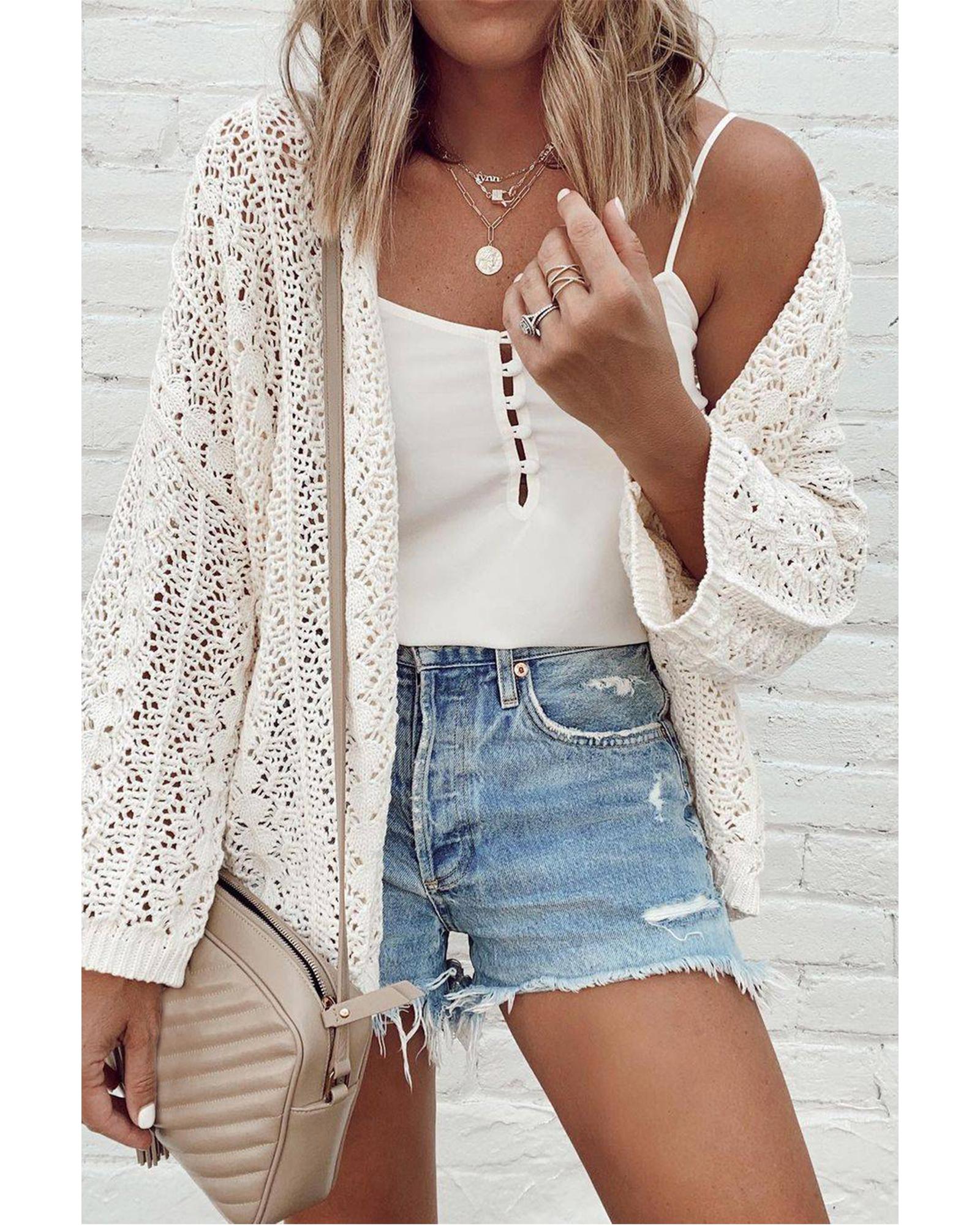 V539-AZEXDC2711622-P1-XL-202508280340-00 White Stylish Hollow Out Knit Drop Shoulder Cardigan - XL - Image 1
