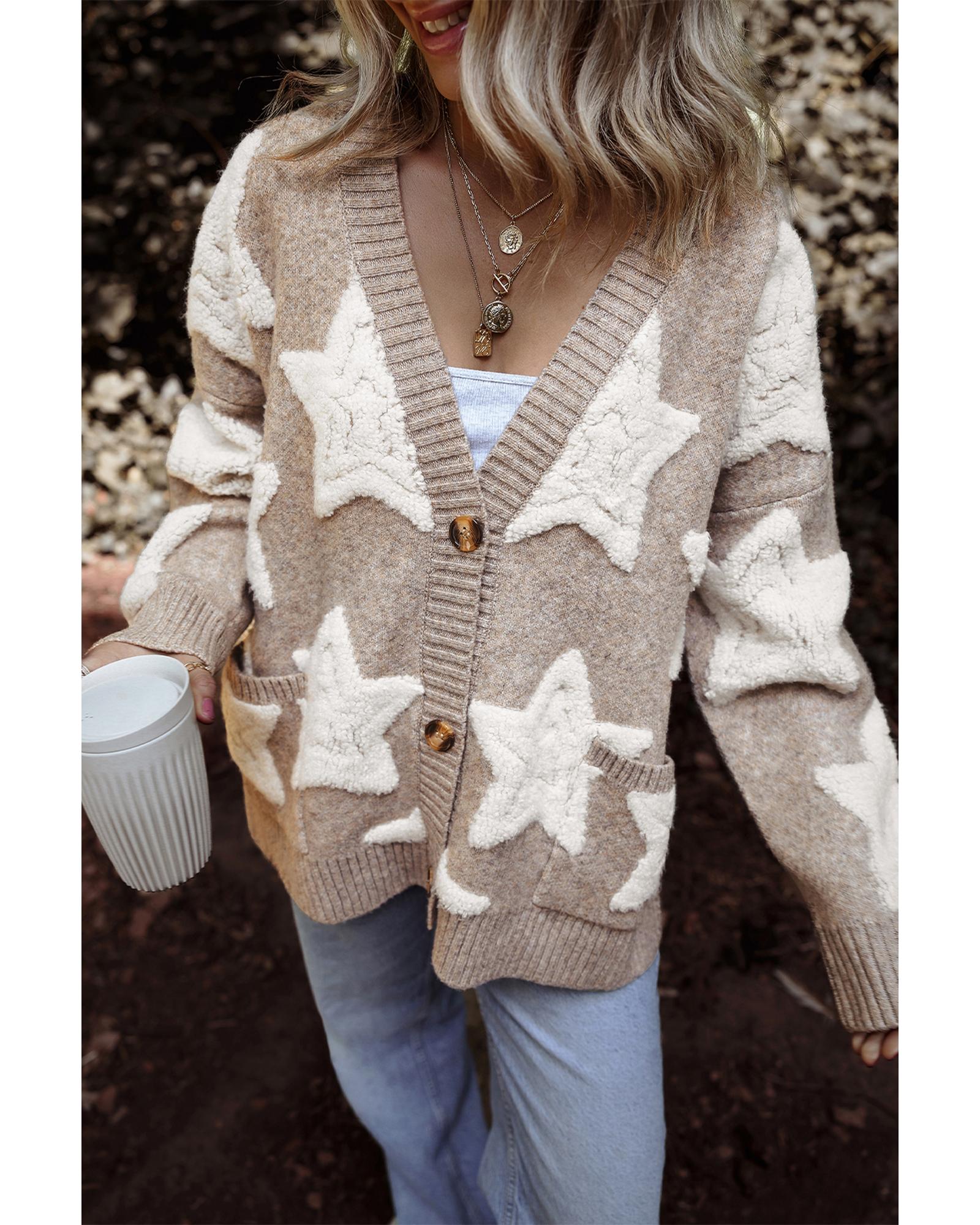 V539-AZEXDC2711634-P1620-S-202506131935-00 Khaki Sherpa Star Pattern Textured Sweater Cardigan with Pockets - S - Image 1