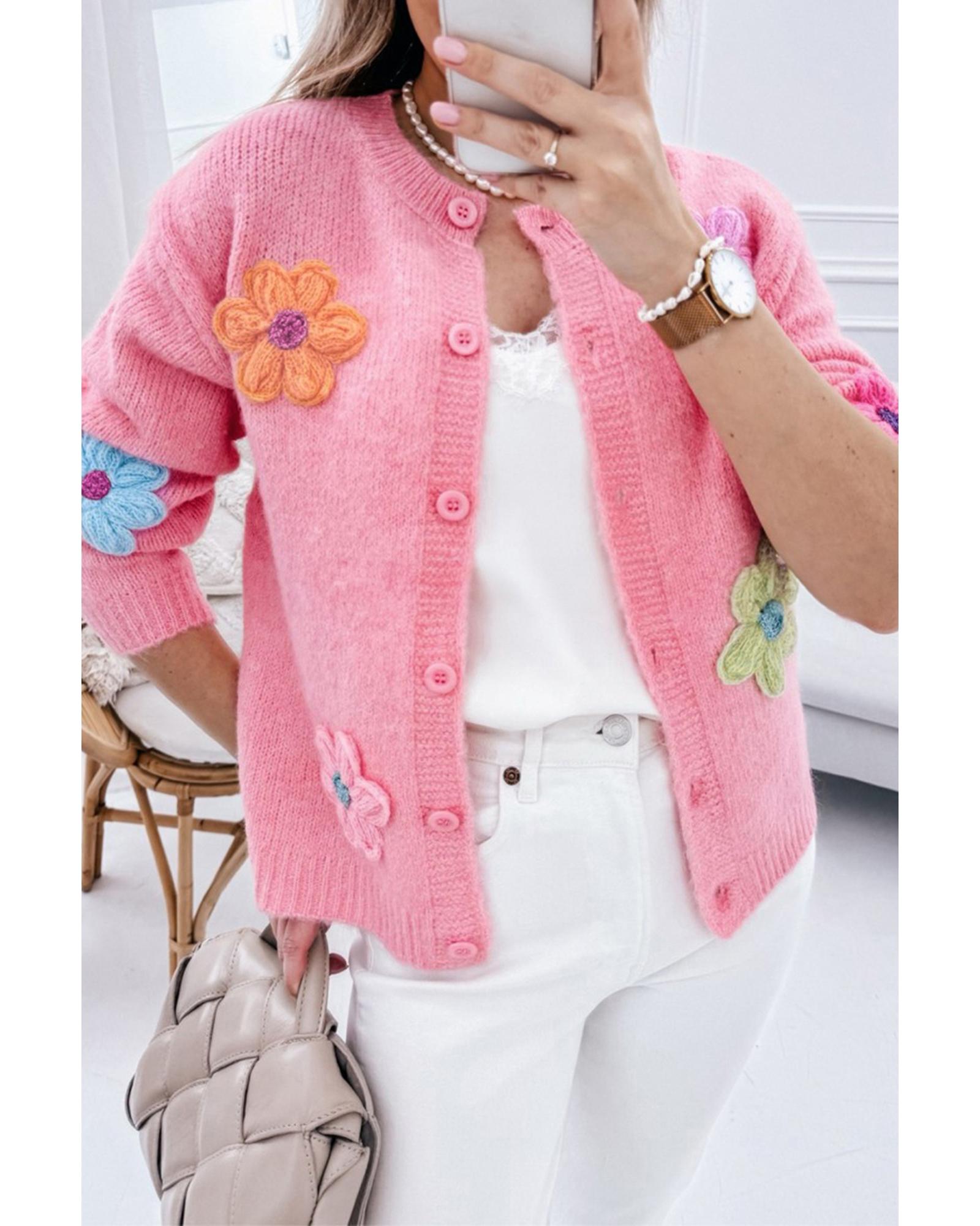 V539-AZEXDC2711705-P10-M-202508300000-00 Pink Cute Knitted Floral Pattern Button Up Cardigan - M - Image 1