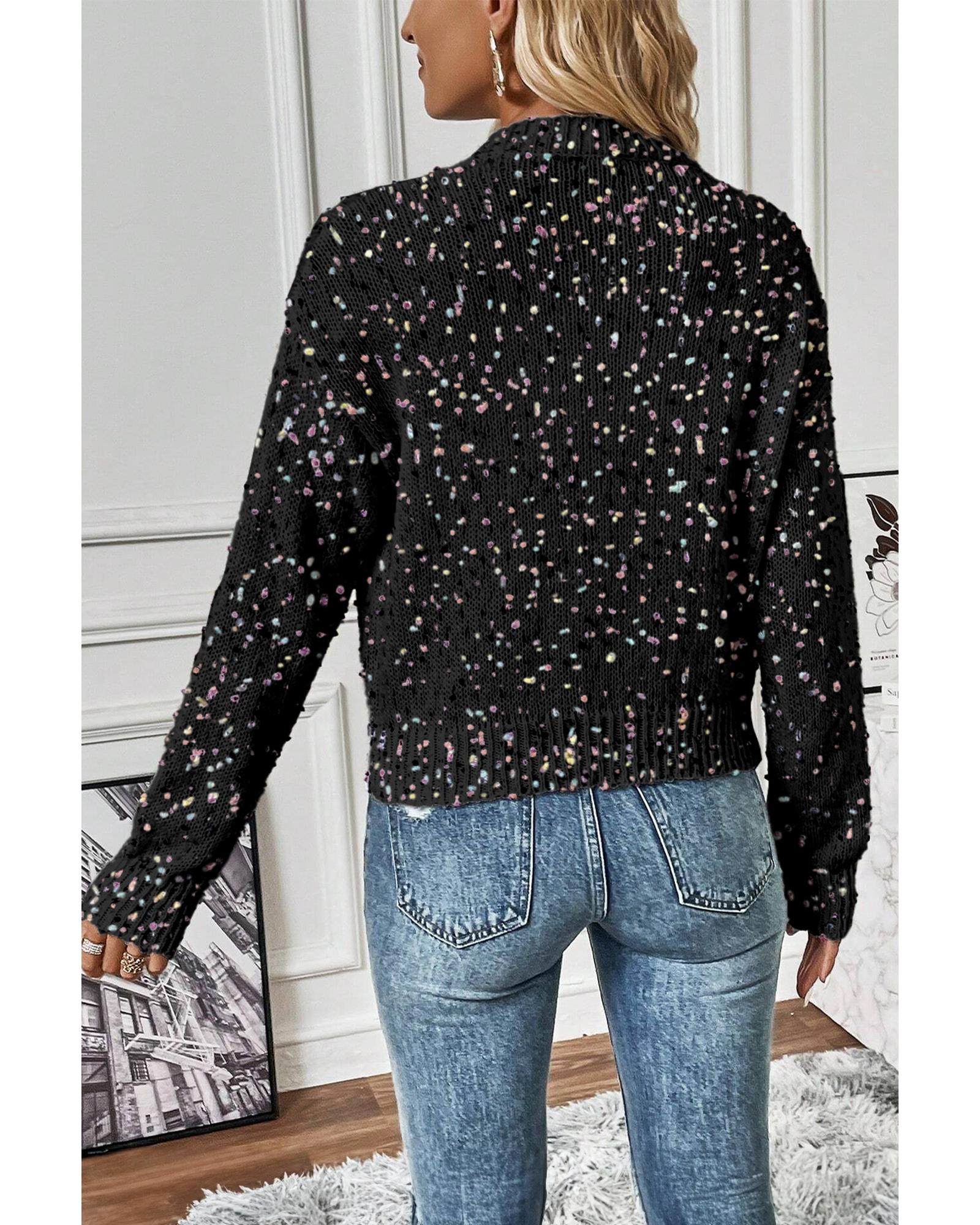 V539-AZEXDC2711711-P2-M-202508281745-00 Black Rhinestone Decor Multicolor Confetti Sweater Cardigan - M - Image 1