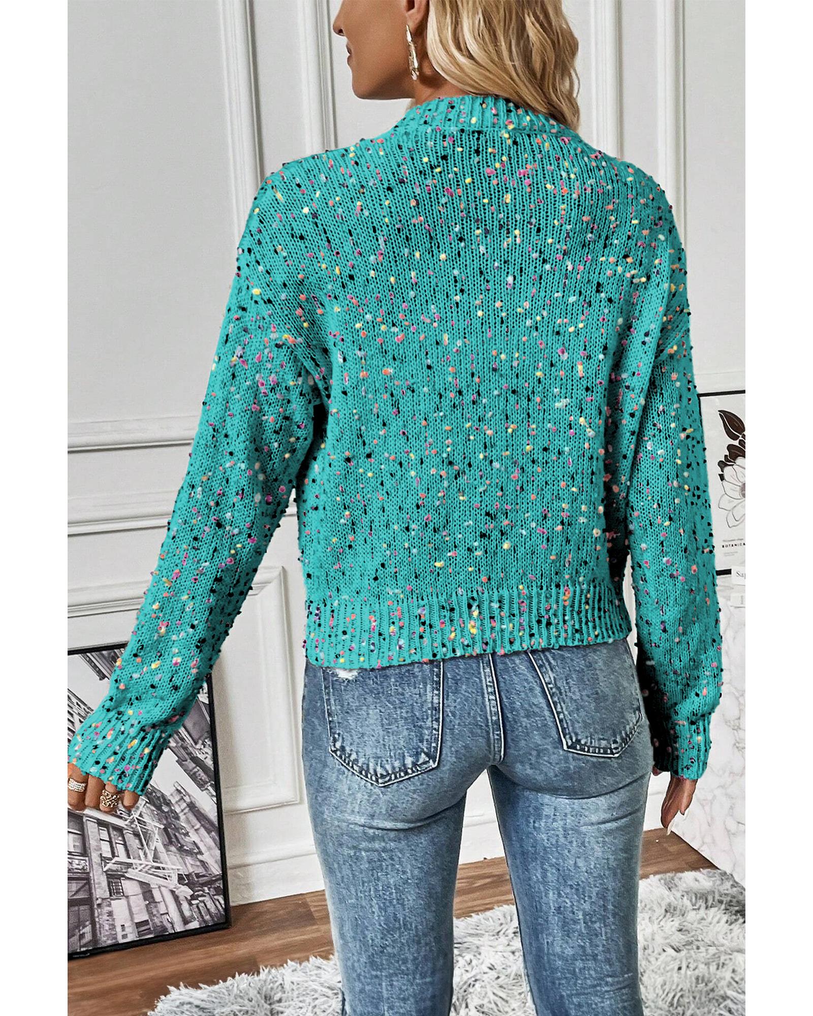 V539-AZEXDC2711711-P504-S-202506132031-00 Aruba Blue Rhinestone Decor Multicolor Confetti Sweater Cardigan - S - Image 1