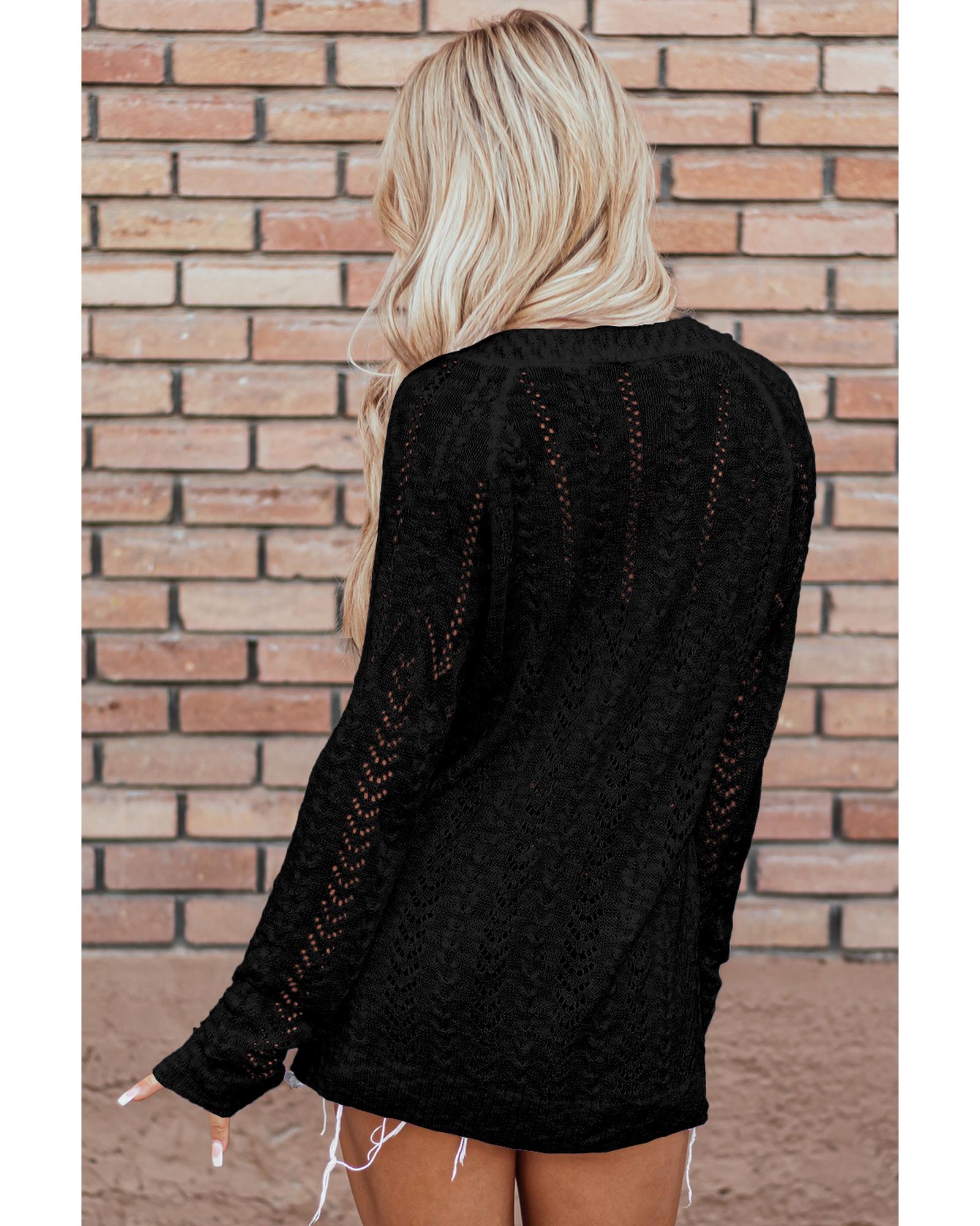 V539-AZEXDC2711740-P2-M-202508281005-00 Black Solid Open Knit Cardigan - M - Image 1