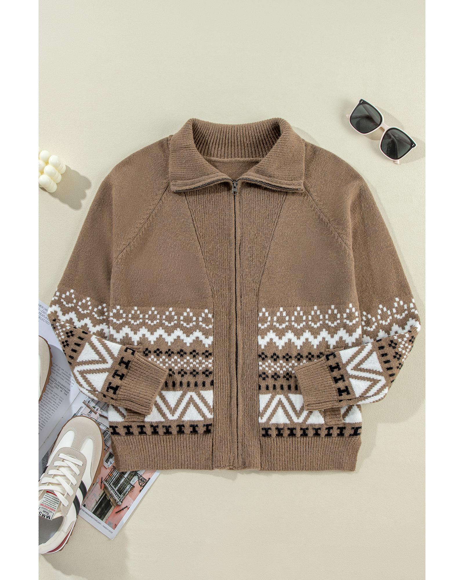 V539-AZEXDC2711750-P1720-L-202508281350-00 Brown Western Printed Ribbed Trim Collared Zip up Cardigan - L - Image 1