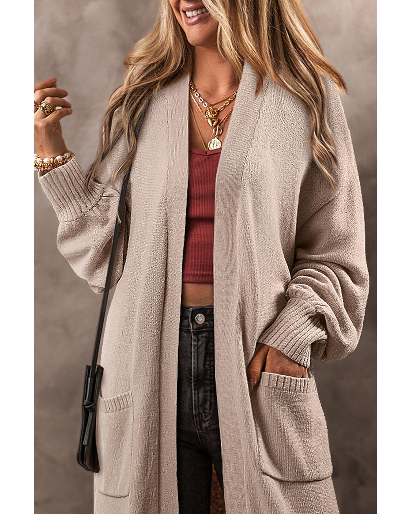 V539-AZEXDC2711765-P15-XL-202508291625-00 Beige Side Pockets Open Front Long Knitted Cardigan - XL - Image 1