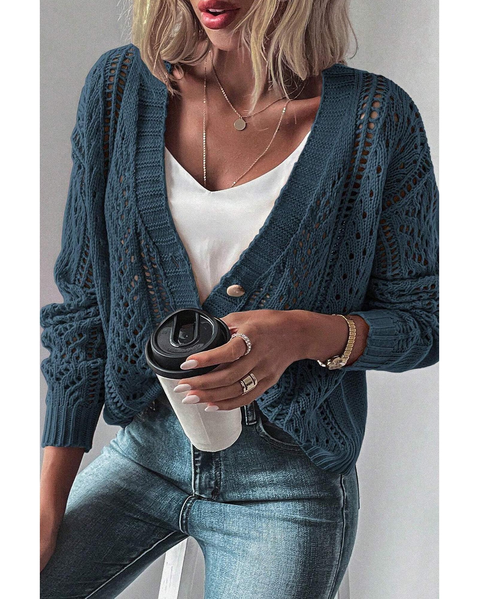 V539-AZEXDC2711785-P705-2XL-202508291615-00 Real Teal Open Knit Drop Shoulder Sweater Cardigan - 2XL - Image 1