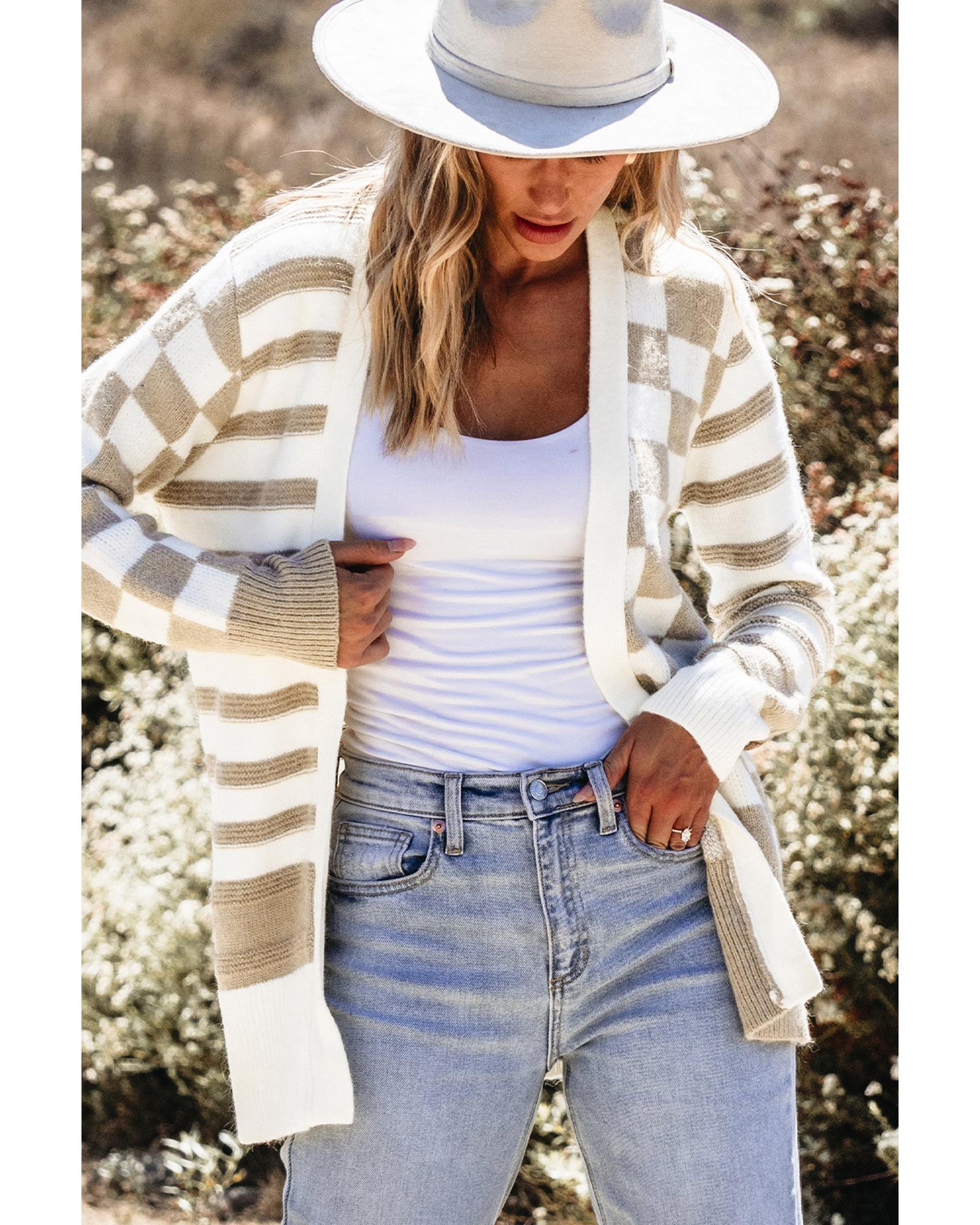 V539-AZEXDC2711838-P7016-L-202508280806-00 Smoke Gray Gingham Striped Knitted Open Front Cardigan - L - Image 1