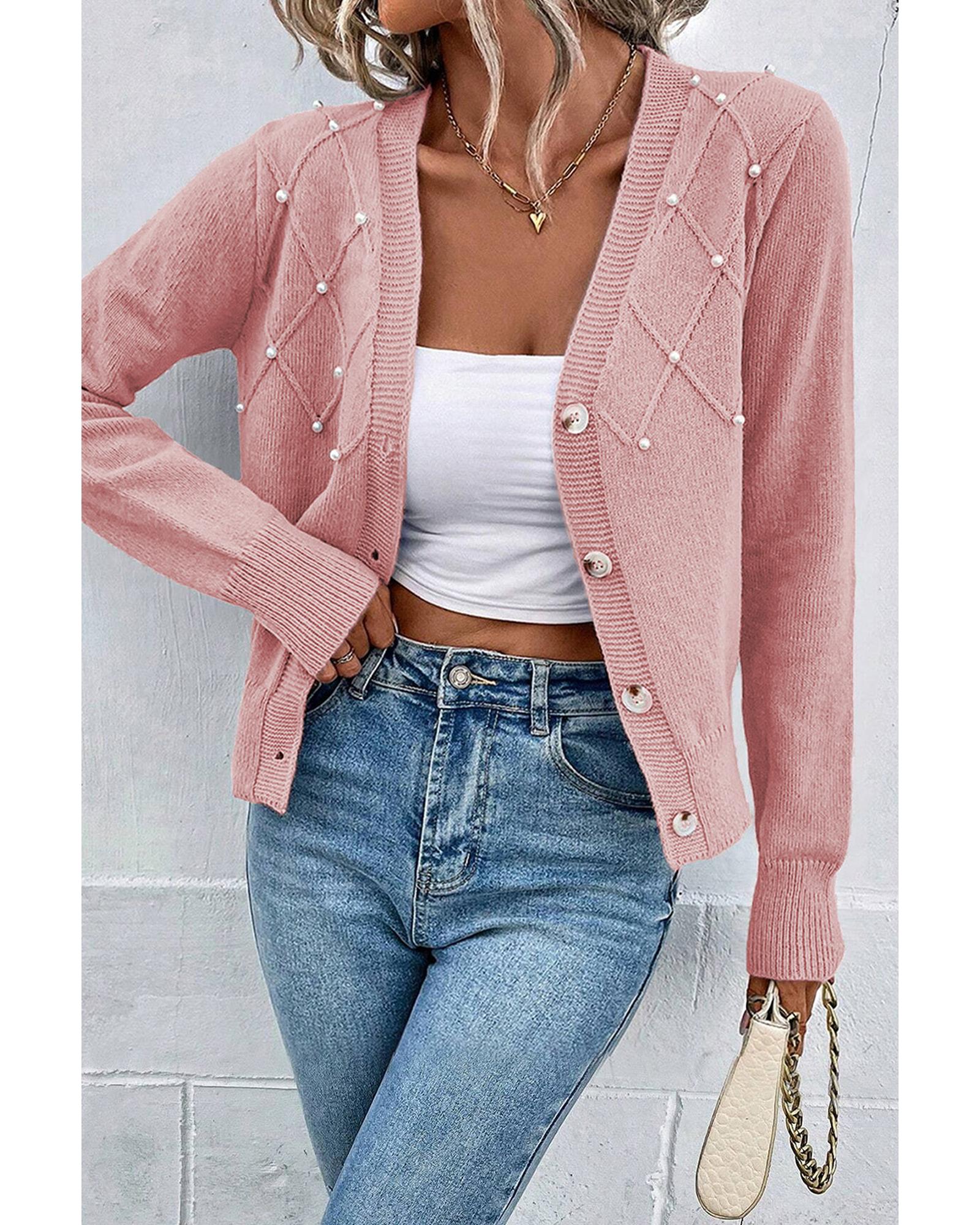 V539-AZEXDC2711890-P1310-XL-202508280455-00 Sepia Rose Textured Knit Pearl Beaded Button Up Cardigan - XL - Image 1