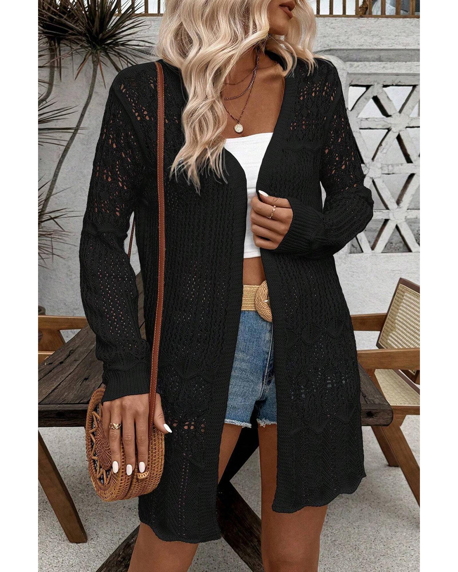 V539-AZEXDC2711893-P2-S-202506131822-00 Black Crochet Hollow Out Open Front Cardigan - S - Image 1