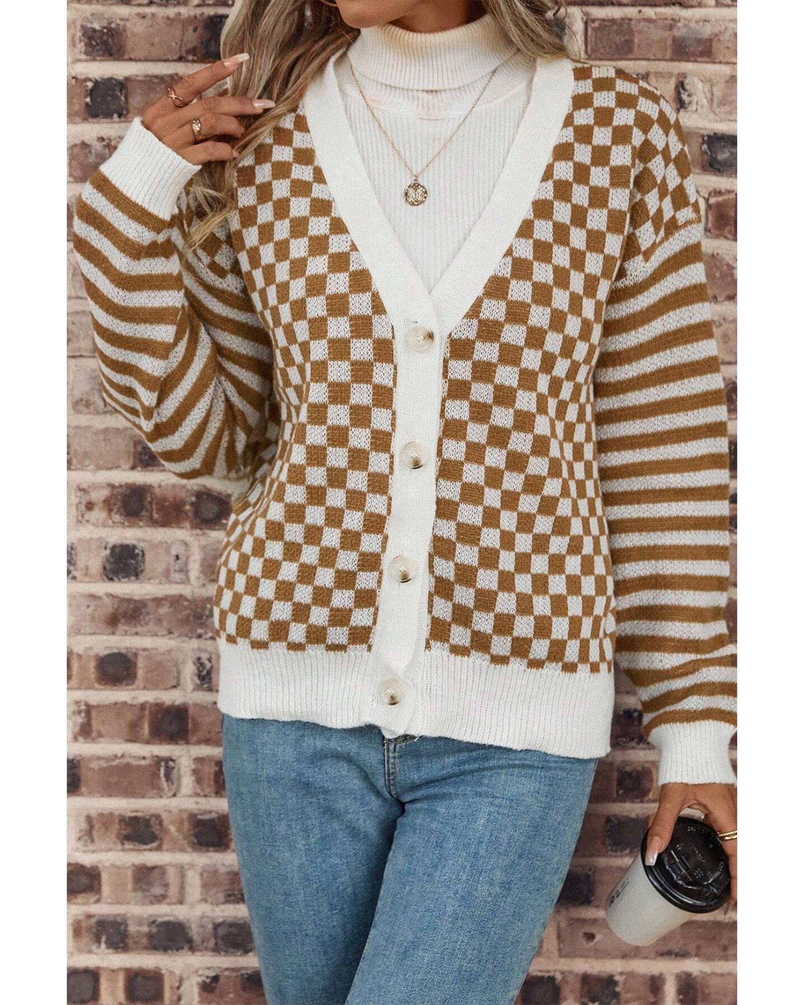 V539-AZEXDC2711955-P1722-L-202508282225-00 Brown Checkered Striped Patched Buttoned V Neck Cardigan - L - Image 1