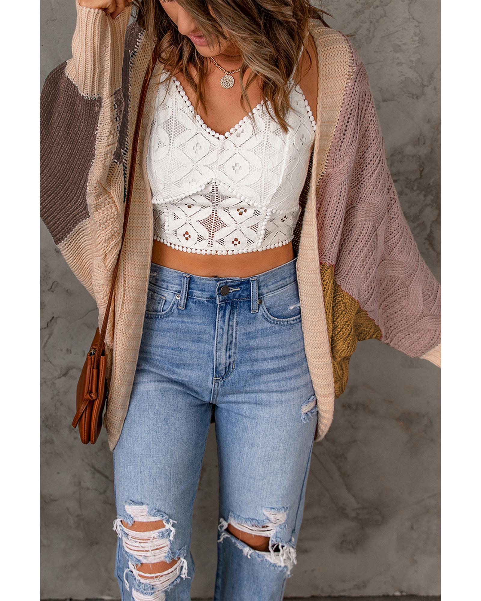 V539-AZEXDC271624-17-L-202508291355-00 Brown Color Block Loose Open Front Knitted Cardigan - L - Image 1