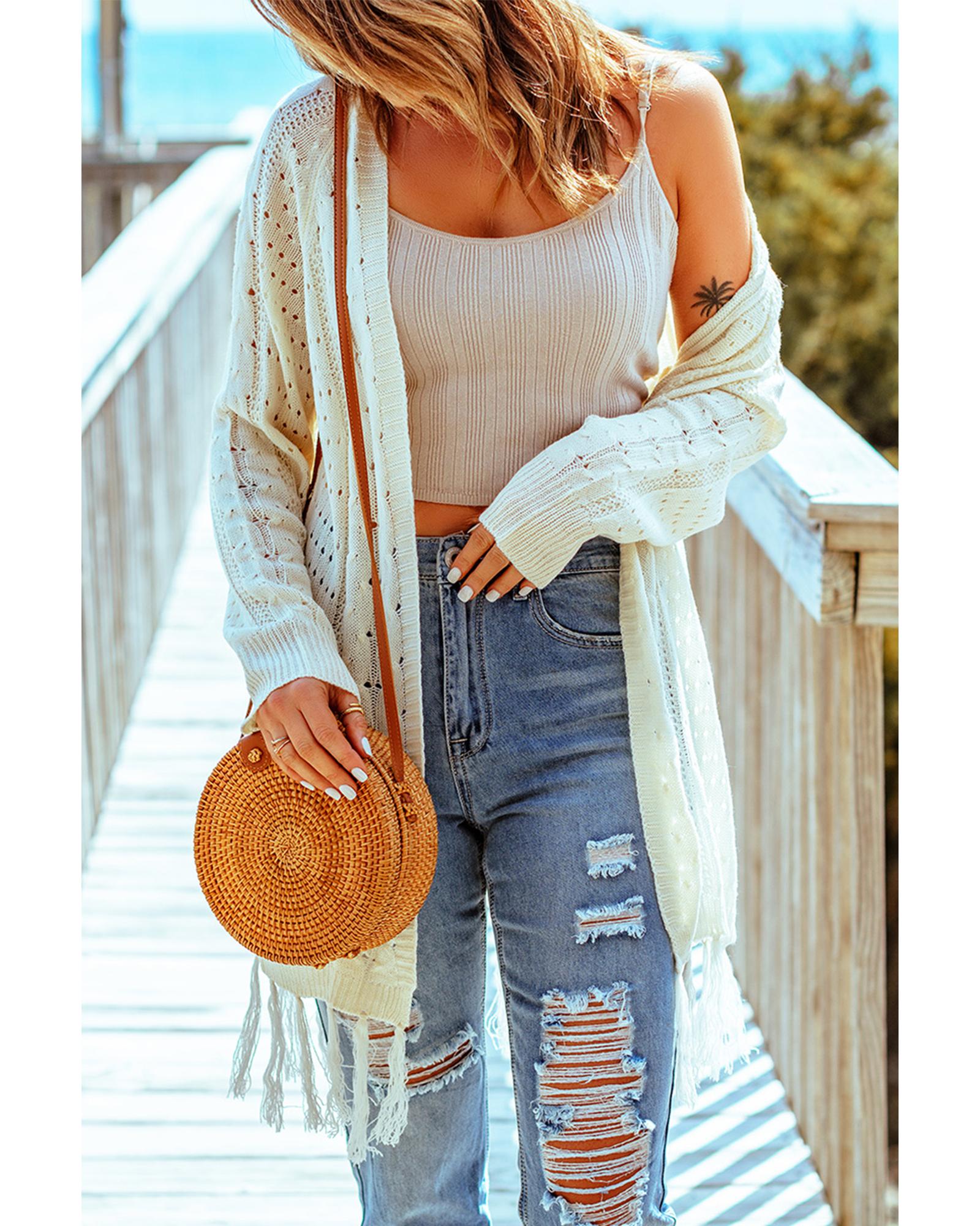 V539-AZEXDC271646-15-202506131941-00 Beige Tasseled Hollow-out Cable Knit Cardigan - One Size - Image 1