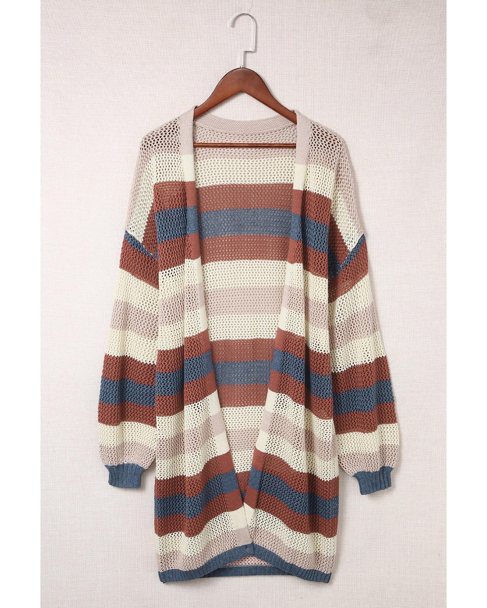 V539-AZEXDC271655-5-XL-202508300635-00 Blue Striped Color Block Hollowed Knit Cardigan - XL - Image 1