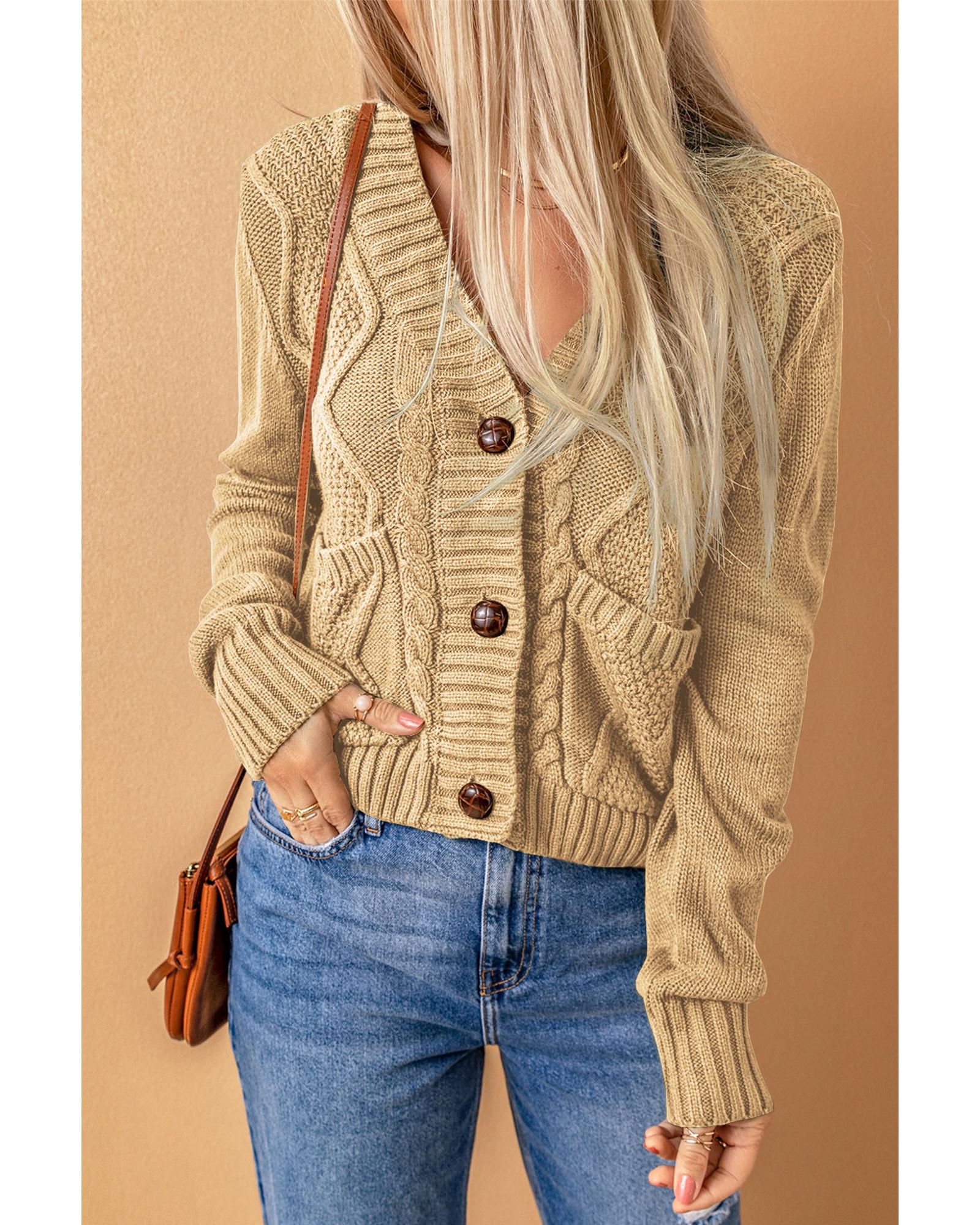 V539-AZEXDC271839-15-XL-202508290200-00 Azura Exchange Beige Front Pockets Buttons Textured Cardigan - XL - Image 1