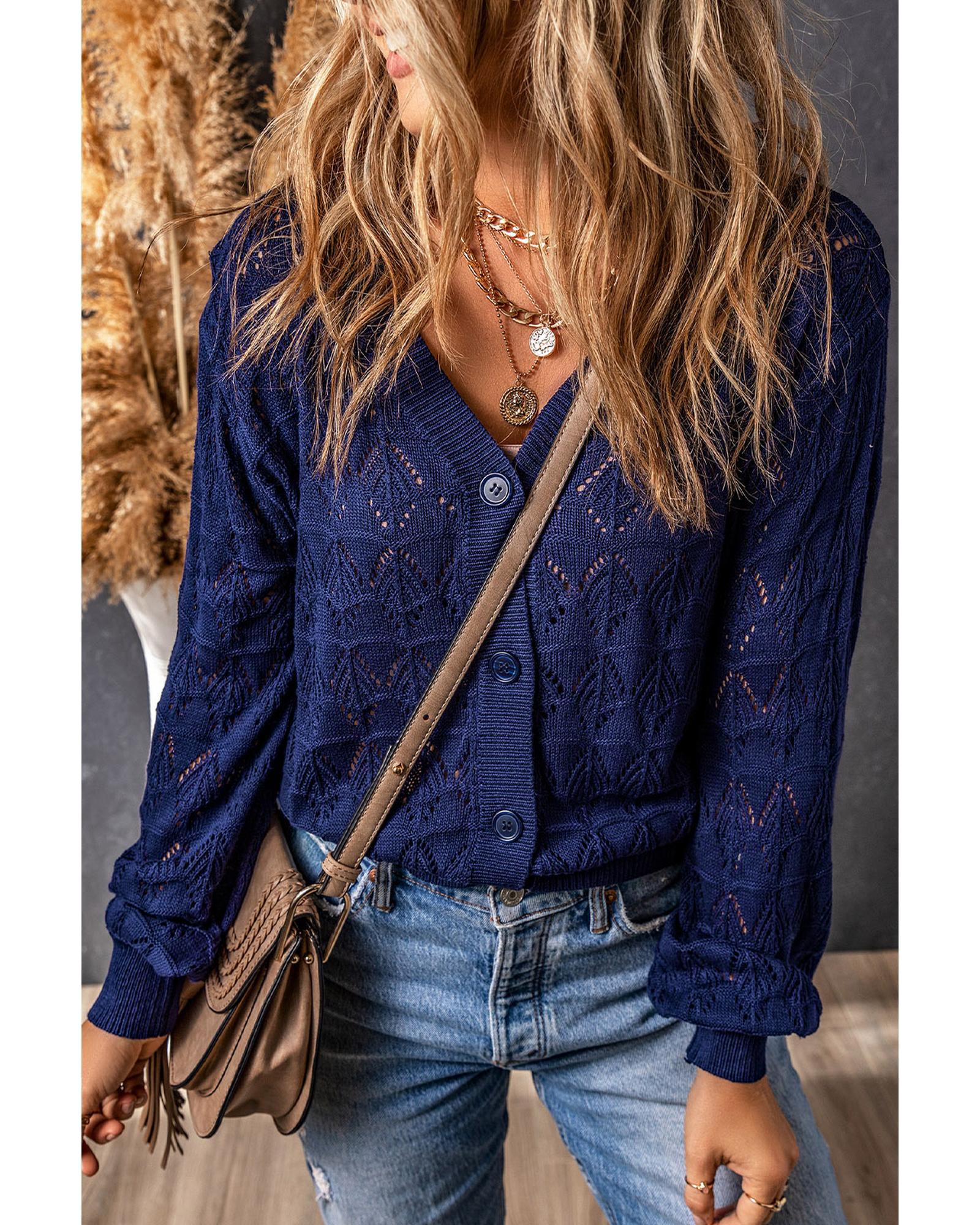 V539-AZEXDC271897-5-XL-202508300120-00 Blue Lightweight Buttoned Front Crochet Cardigan - XL - Image 1