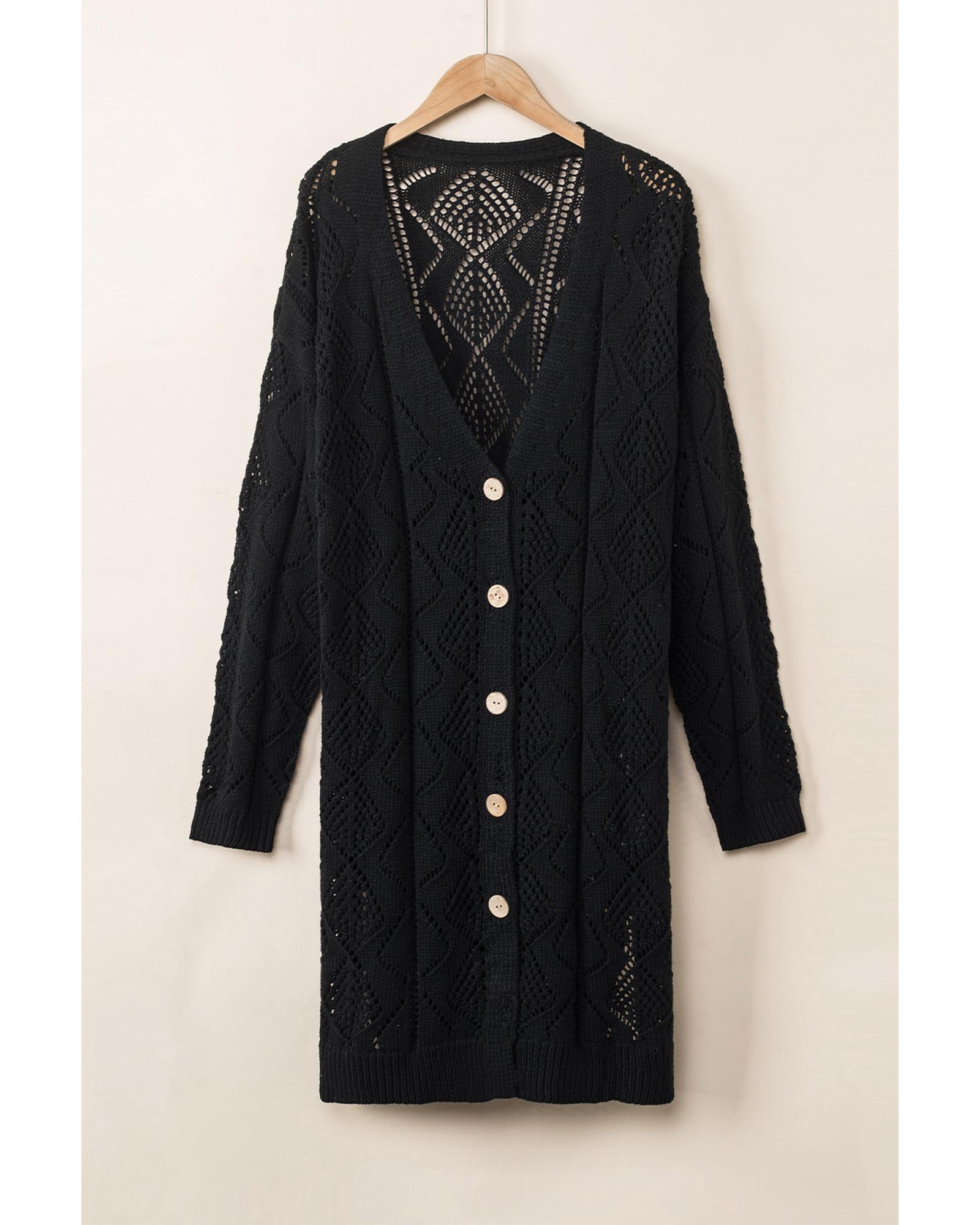 V539-AZEXDC271948-2-2XL-202508280810-00 Azura Exchange Black Hollow-out Openwork Knit Cardigan - 2XL - Image 1