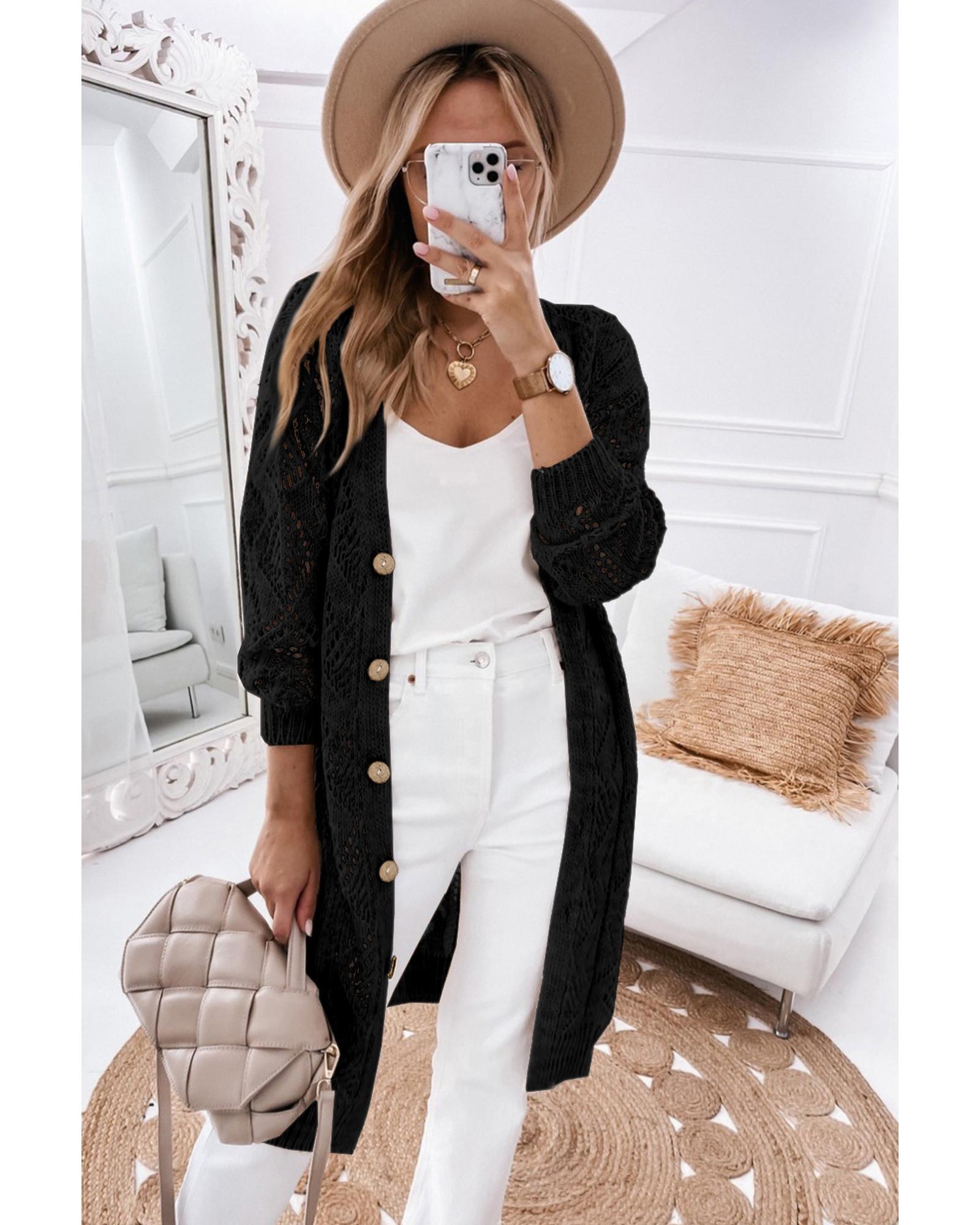 V539-AZEXDC271948-2-L-202508281015-00 Azura Exchange Black Hollow-out Openwork Knit Cardigan - L - Image 1