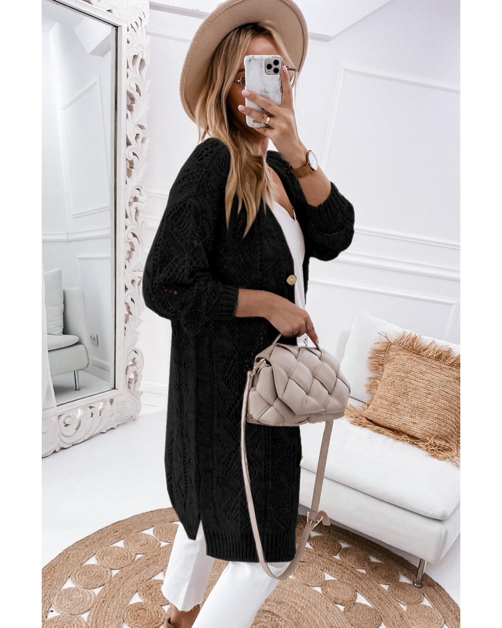 V539-AZEXDC271948-2-XL-202508281250-00 Azura Exchange Black Hollow-out Openwork Knit Cardigan - XL - Image 1