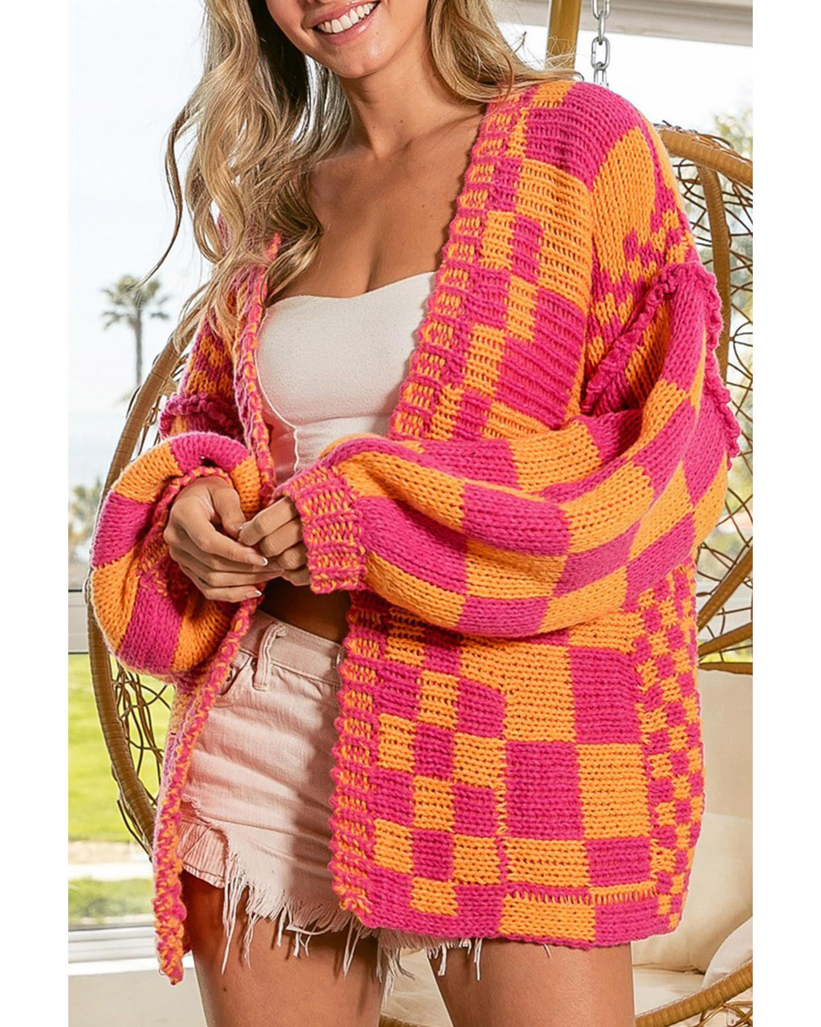 V539-AZEXDC271950-22-M-202508281620-00 Azura Exchange Multicolor Open Front Mixed Checkered Pattern Knit Cardigan - M - Image 1