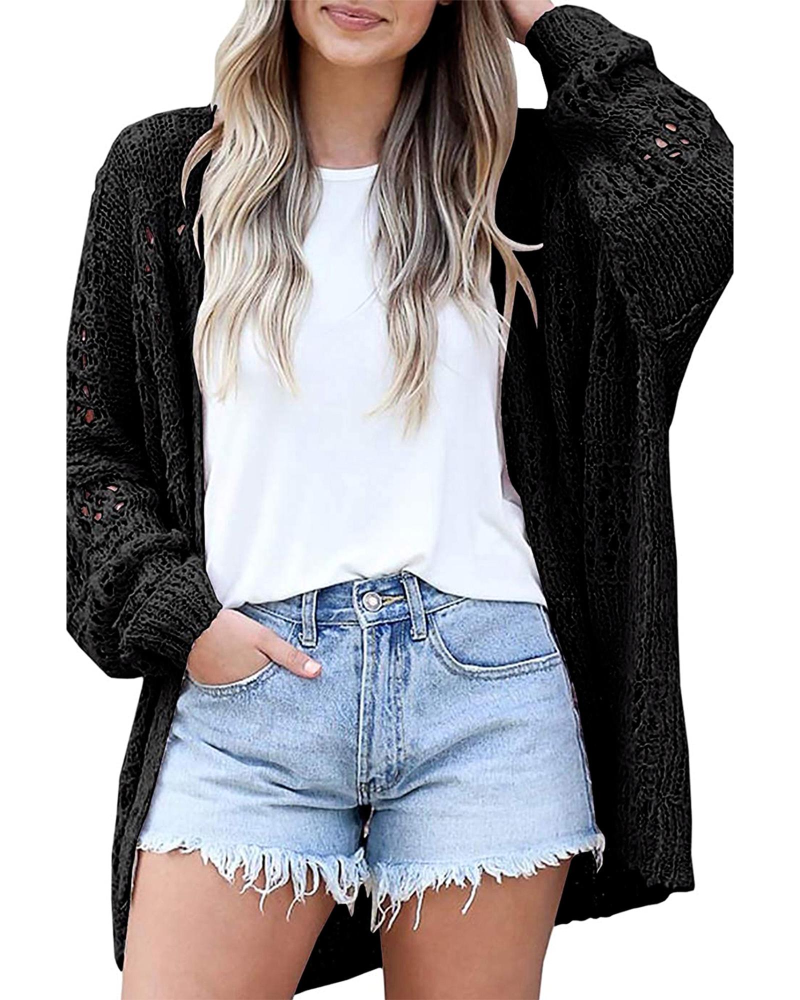 V539-AZEXDC271960-2-S-202506132107-00 Black Casual Hollowed Knit Dolman Sleeve Cardigan - S - Image 1