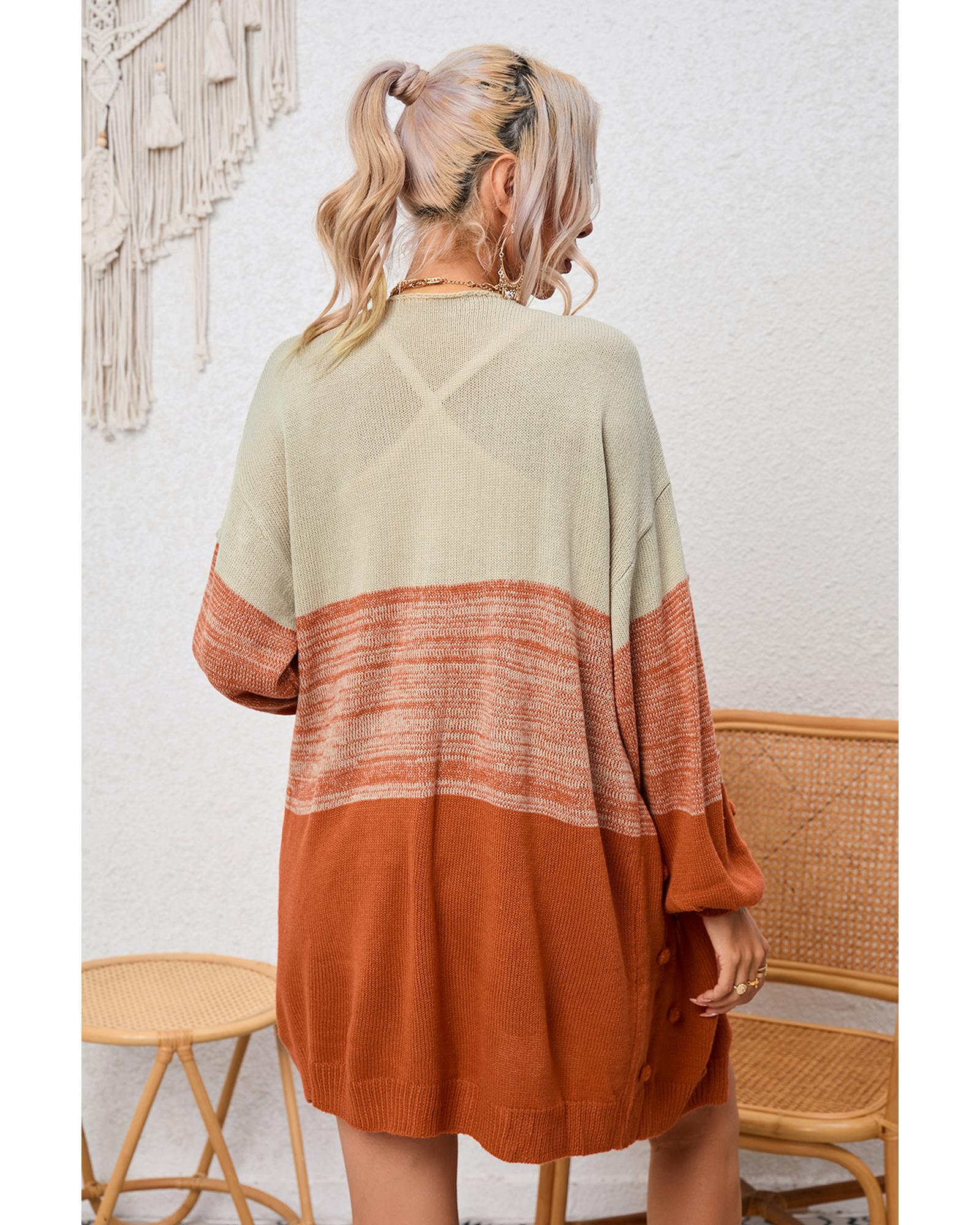 V539-AZEXDC271967-17-M-202508292020-00 Azura Exchange Brown Pompom Color Block Open Front Cardigan - M - Image 1