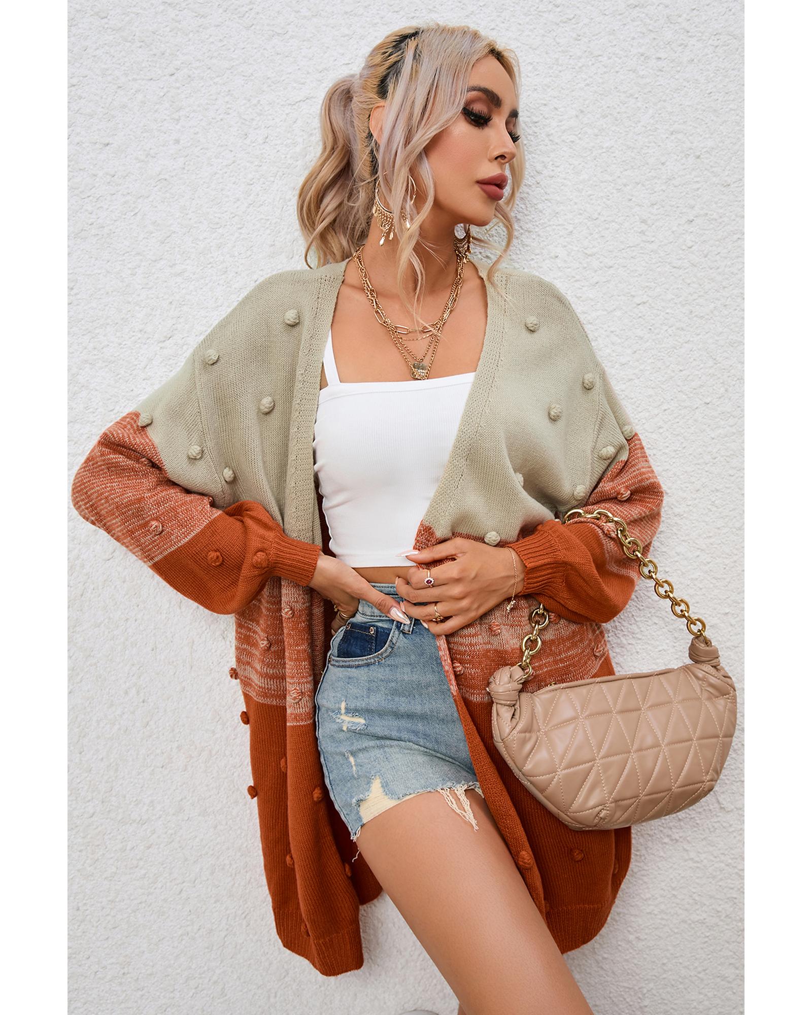 V539-AZEXDC271967-17-S-202506132110-00 Azura Exchange Brown Pompom Color Block Open Front Cardigan - S - Image 1