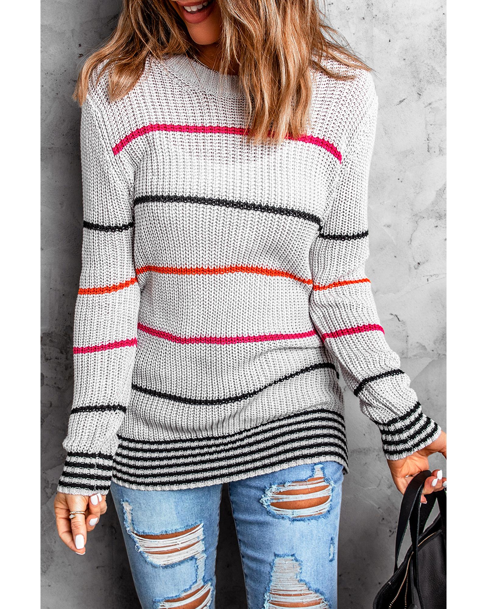 V539-AZEXDC2721559-11-L-202508290140-00 Gray Ribbed Knit Striped Sweater - L - Image 1