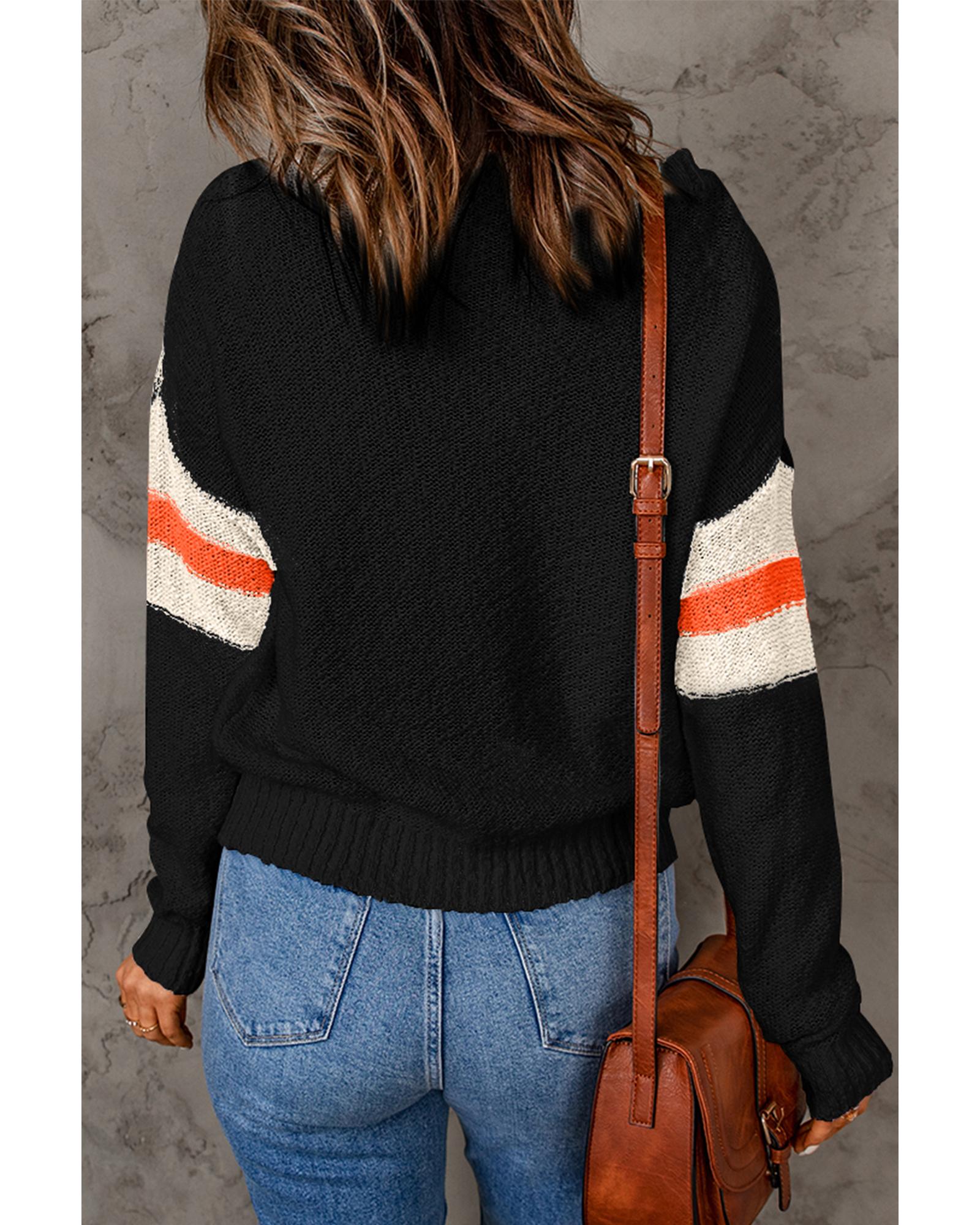 V539-AZEXDC2722180-P2-M-202508280150-00 Black Chevron Striped Drop Shoulder Sweater - M - Image 1
