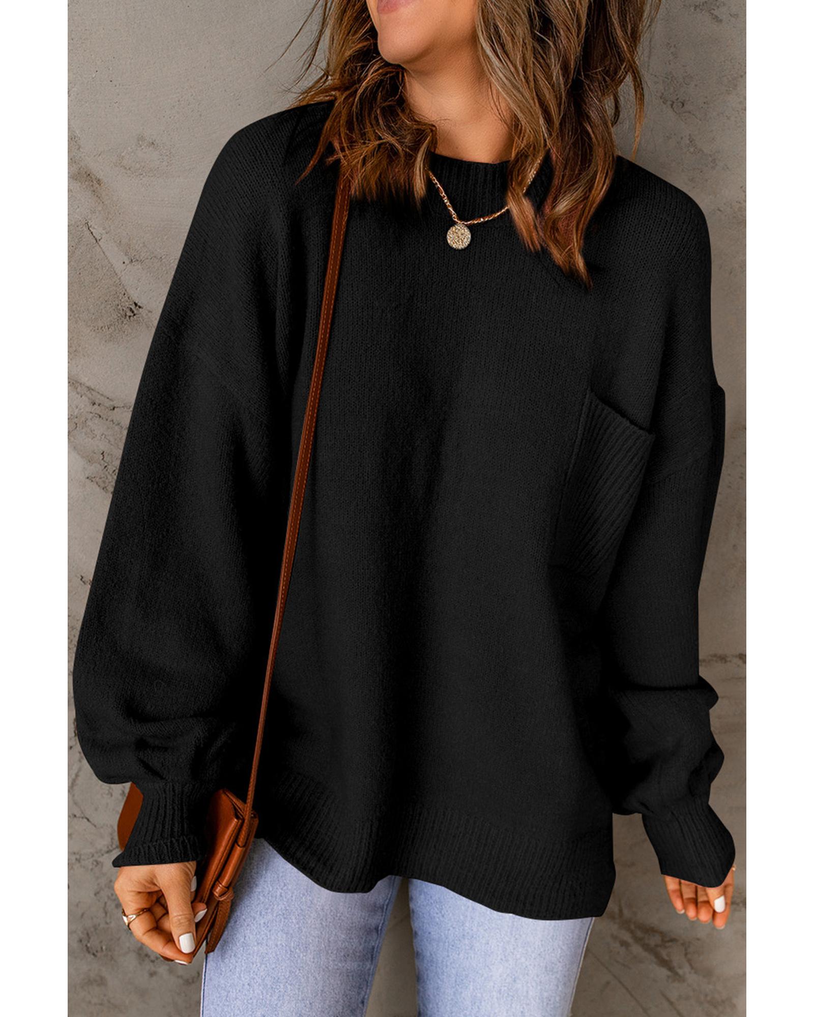 V539-AZEXDC2722197-P2-S-202508282330-00 Black Solid Color Puffy Sleeve Pocketed Sweater - S - Image 1