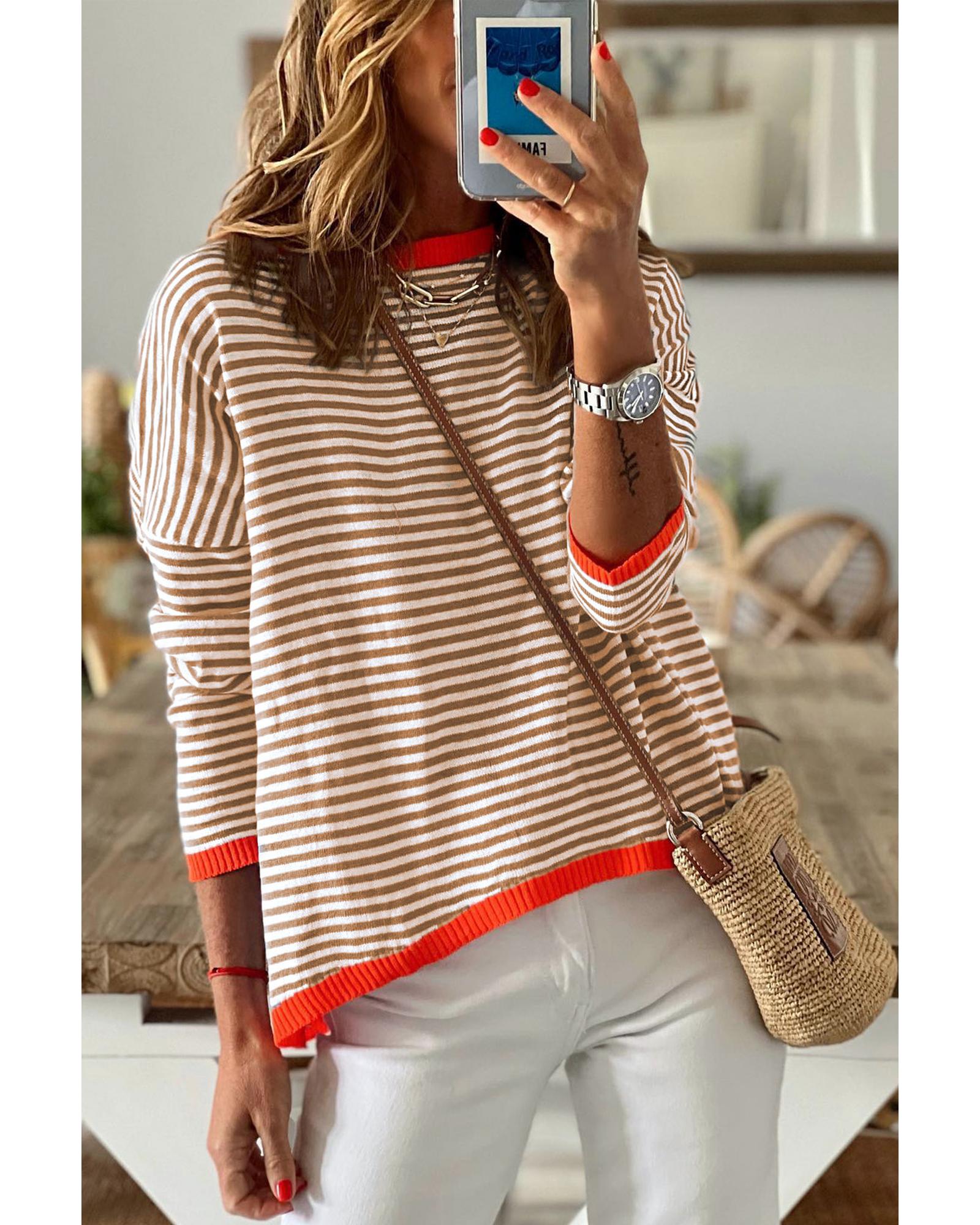 V539-AZEXDC2722270-17-L-202508281430-00 Brown Contrast Trimmed Striped Drop Shoulder Sweater - L - Image 1