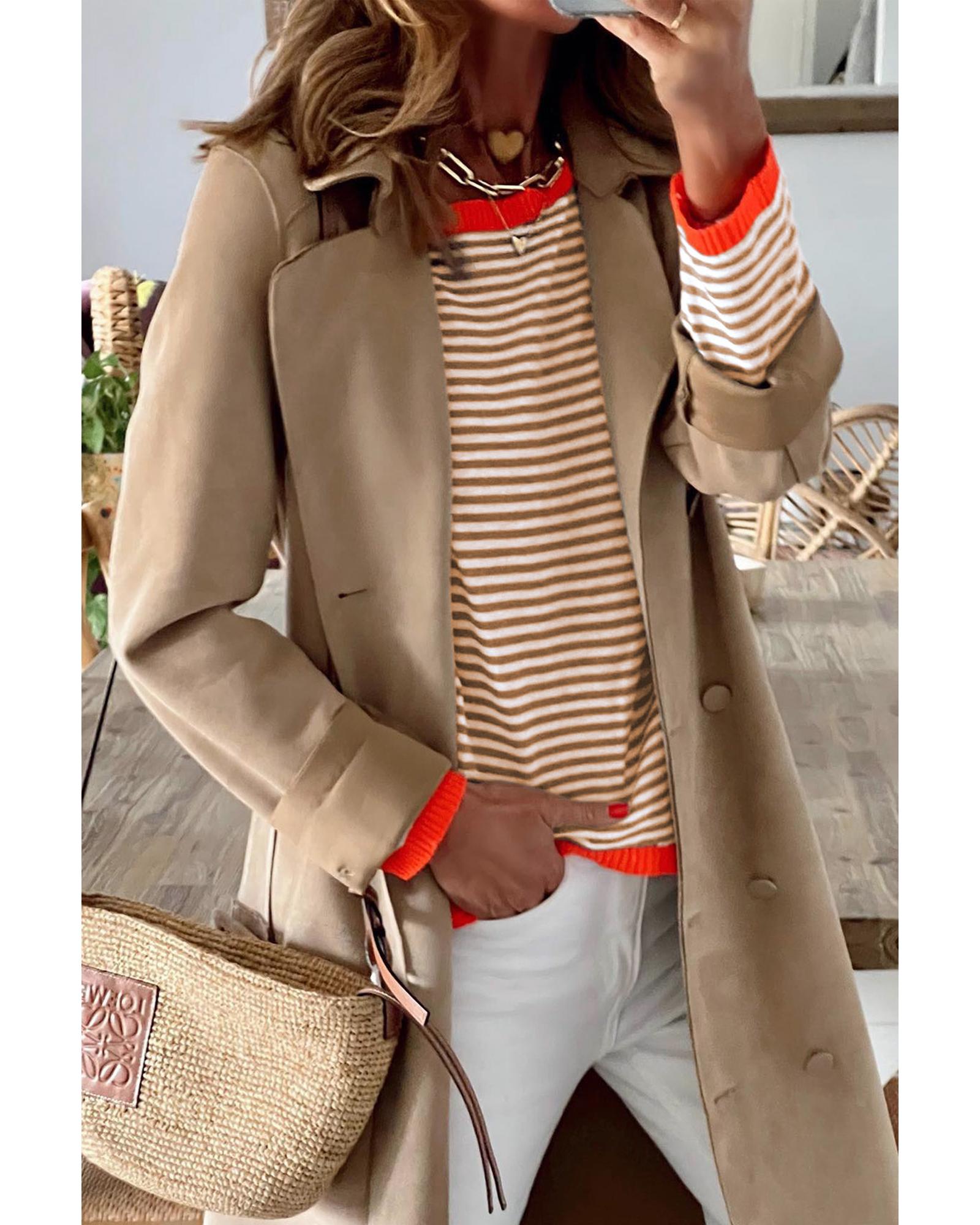 V539-AZEXDC2722270-17-XL-202508281935-00 Brown Contrast Trimmed Striped Drop Shoulder Sweater - XL - Image 1