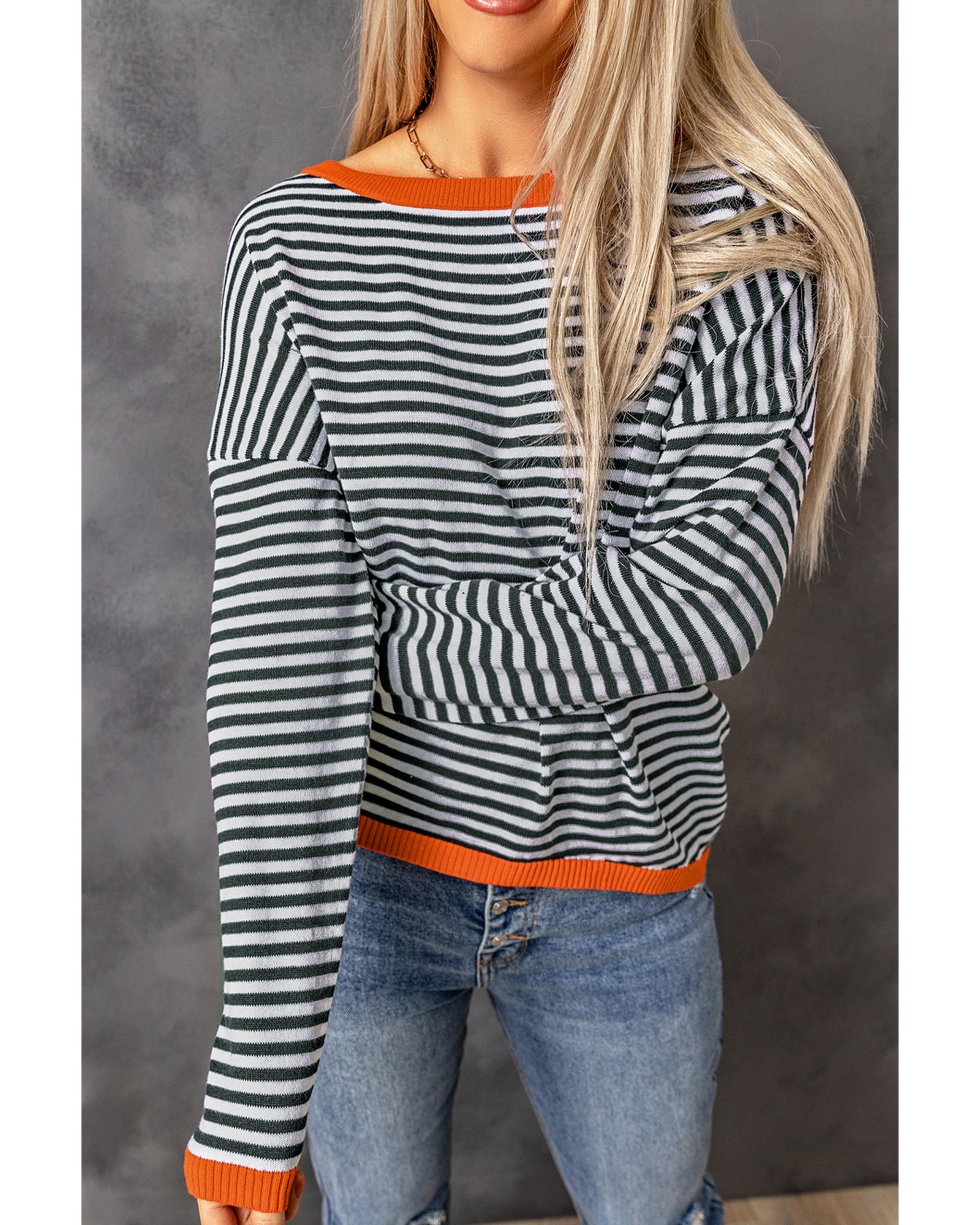 V539-AZEXDC2722270-19-S-202506131846-00 Contrast Trimmed Striped Drop Shoulder Sweater - S - Image 1