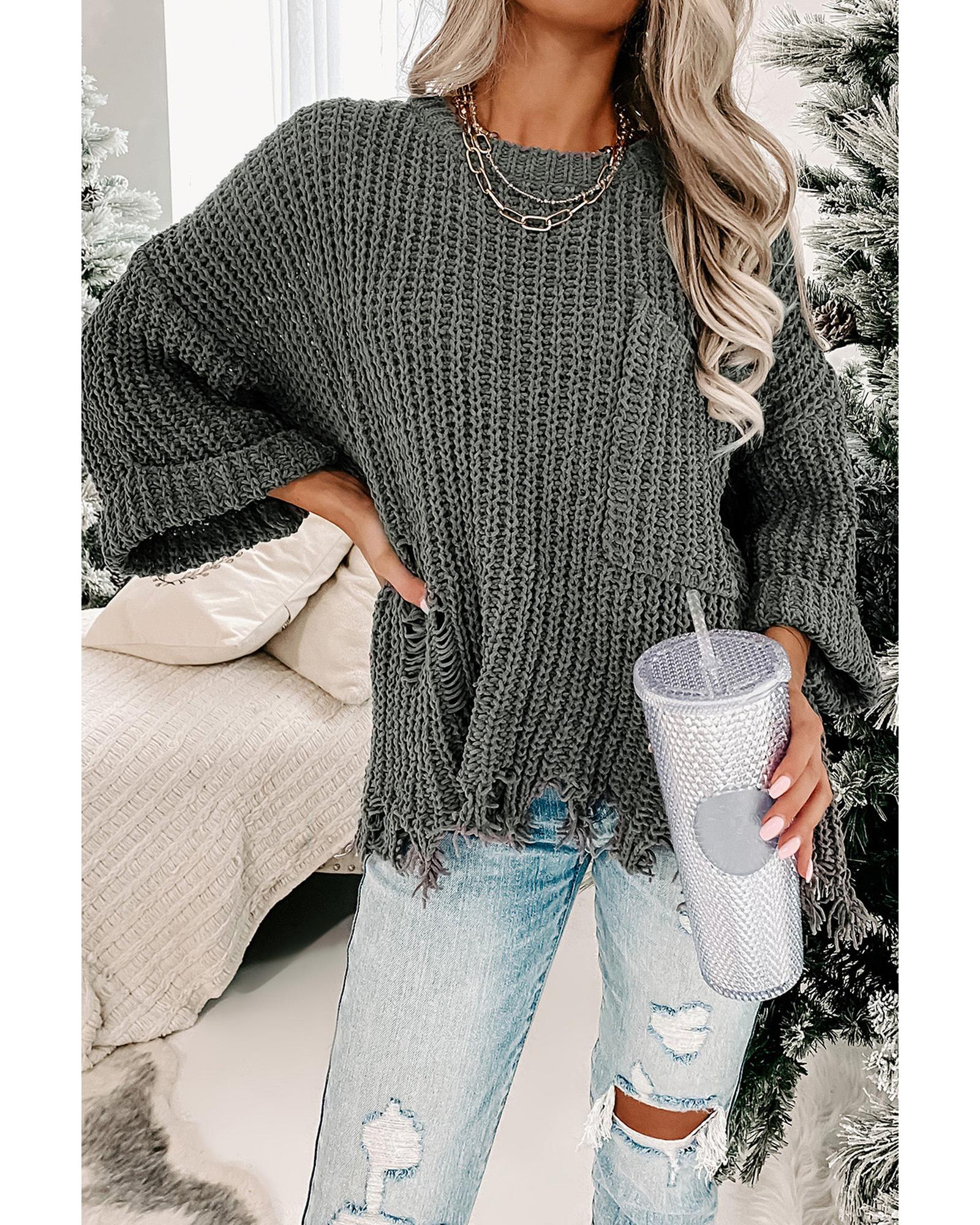 V539-AZEXDC2722374-11-M-202508281020-00 Gray Ripped Raw Hem Chunky Pullover Sweater - M - Image 1