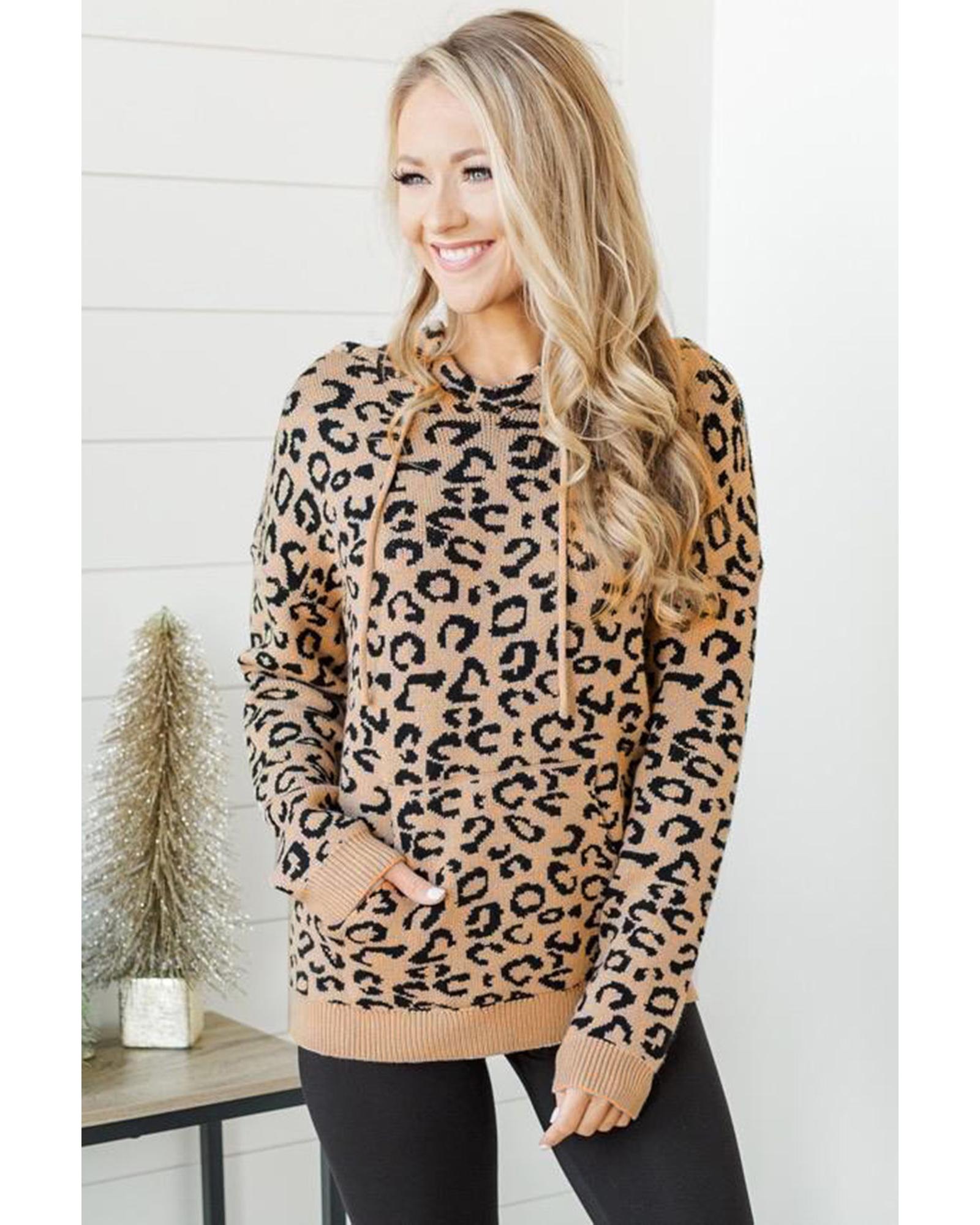 V539-AZEXDC2722464-16-M-202506131921-00 Khaki Leopard Knitted Drawstring Hooded Sweater - M - Image 1