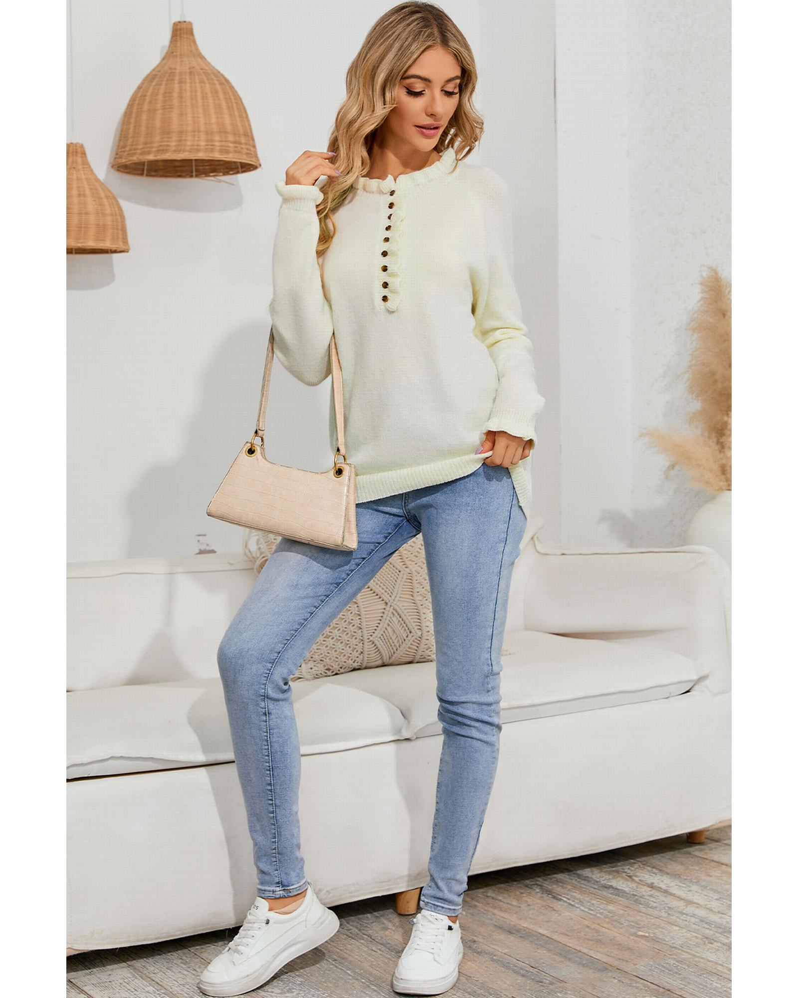 V539-AZEXDC2722635-15-2XL-202508290230-00 Beige Frill Trim Buttoned Knit Pullover Sweater - 2XL - Image 1