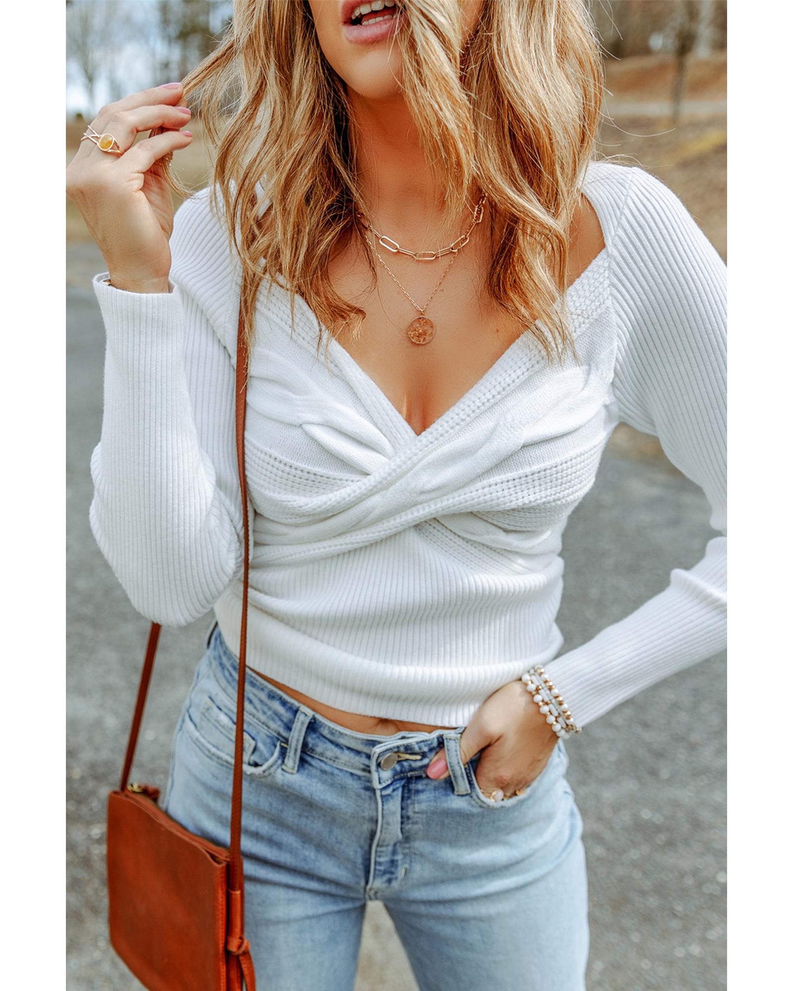 V539-AZEXDC2722945-1-L-202508282325-00 White Cable Crossed V Neck Sweater - L - Image 1