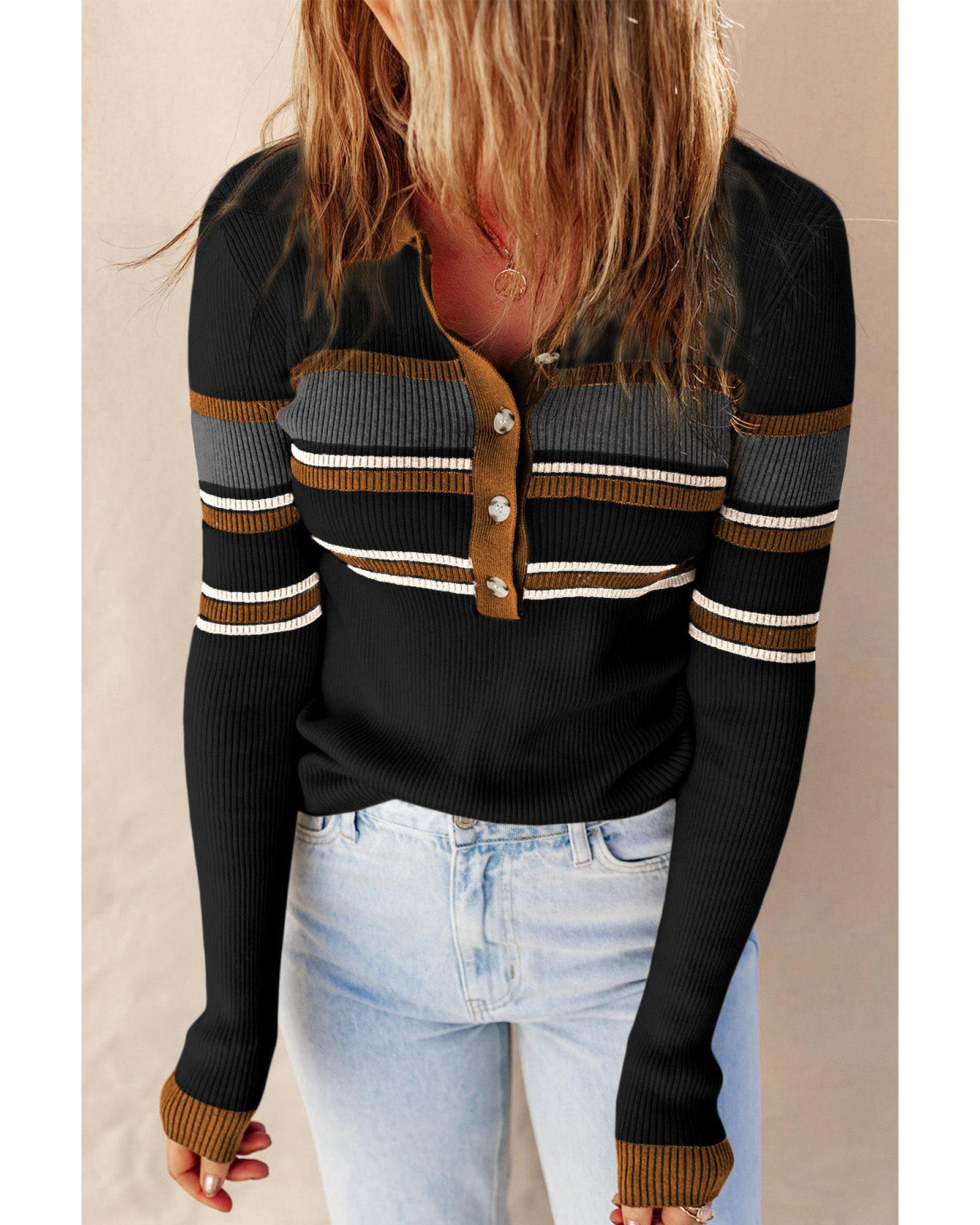 V539-AZEXDC2722953-2-2XL-202508281200-00 Black Rib Knitted Stripe Detail Henley Sweater - 2XL - Image 1