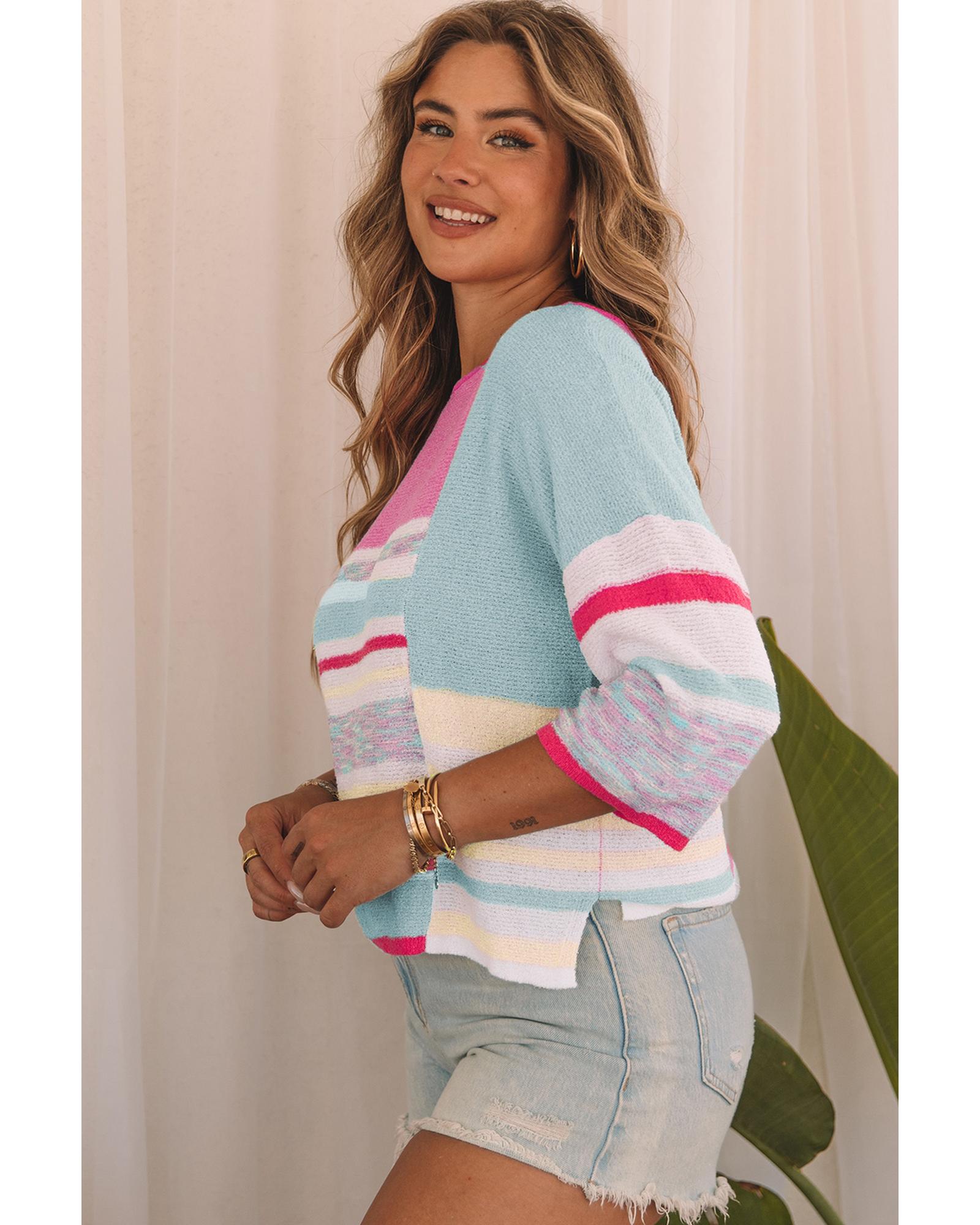 V539-AZEXDC2722966-10-S-202506132030-00 Pink Color Block Striped Three-Quarter Sleeve Knitted Top - S - Image 1