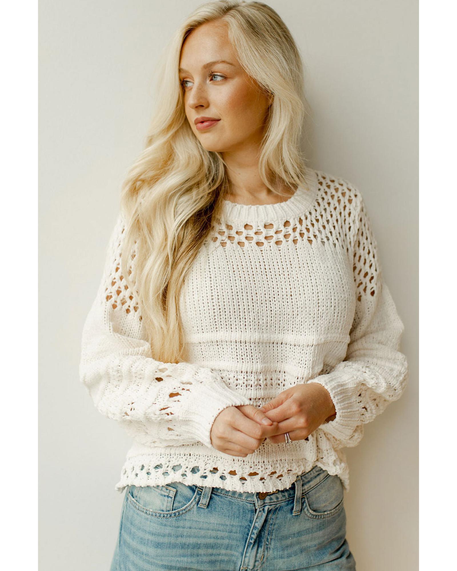 V539-AZEXDC2723026-1-L-202508280820-00 White Solid Color Pointelle Knit Puff Sleeve Sweater - L - Image 1