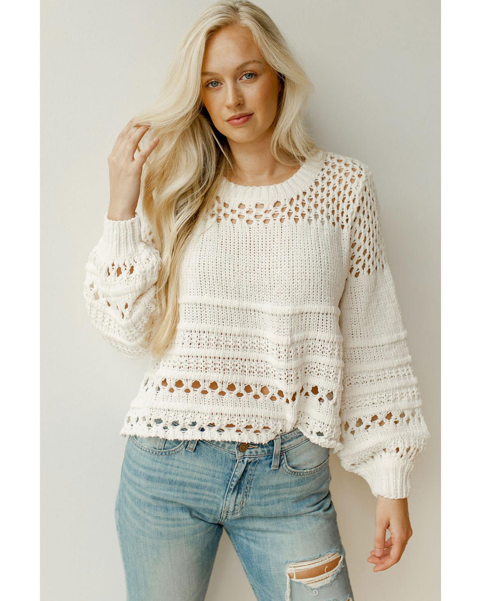V539-AZEXDC2723026-1-XL-202508281130-00 White Solid Color Pointelle Knit Puff Sleeve Sweater - XL - Image 1