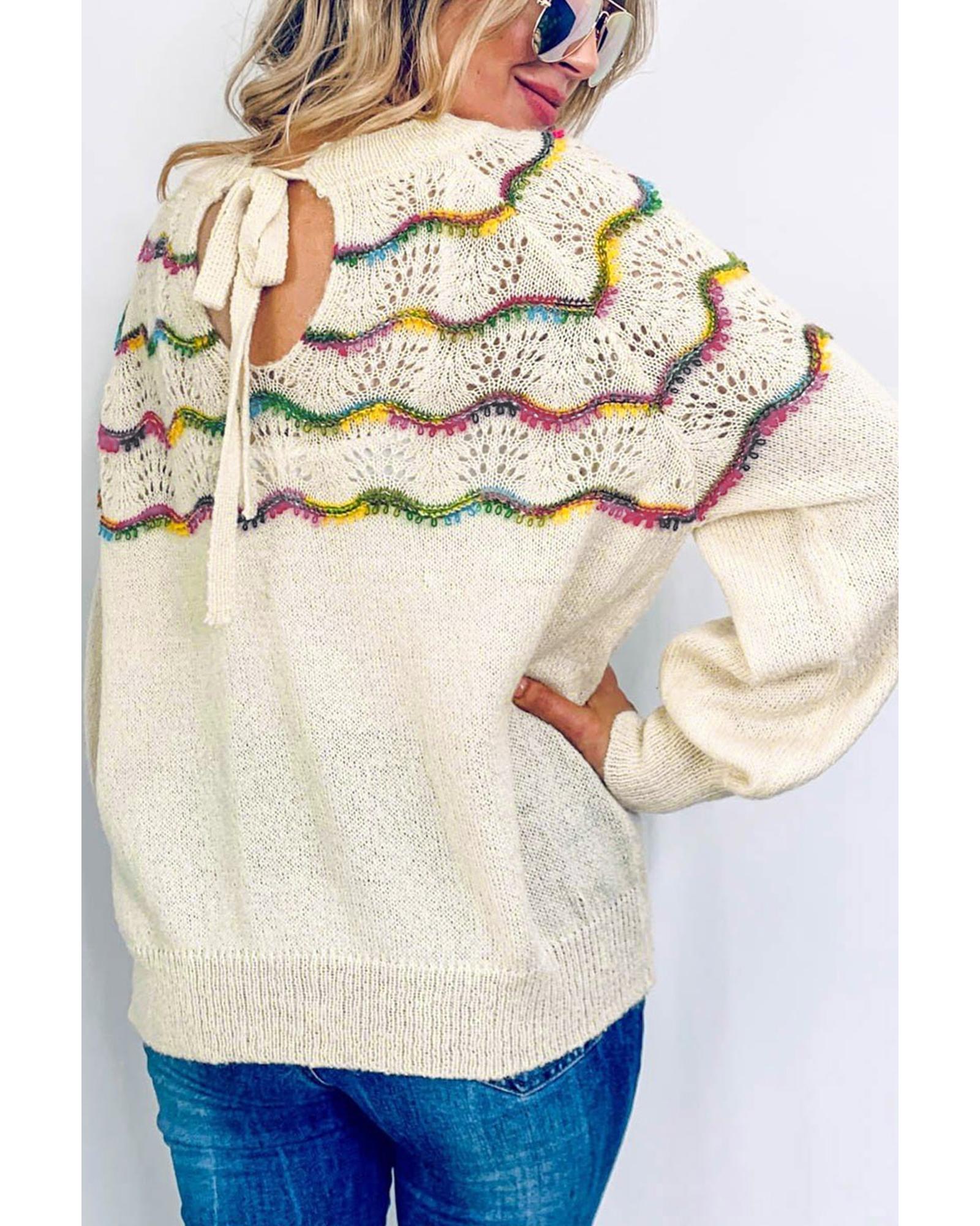 V539-AZEXDC2723029-1-M-202508281410-00 White Wavy Striped Pointelle Bishop Sleeve Sweater - M - Image 1