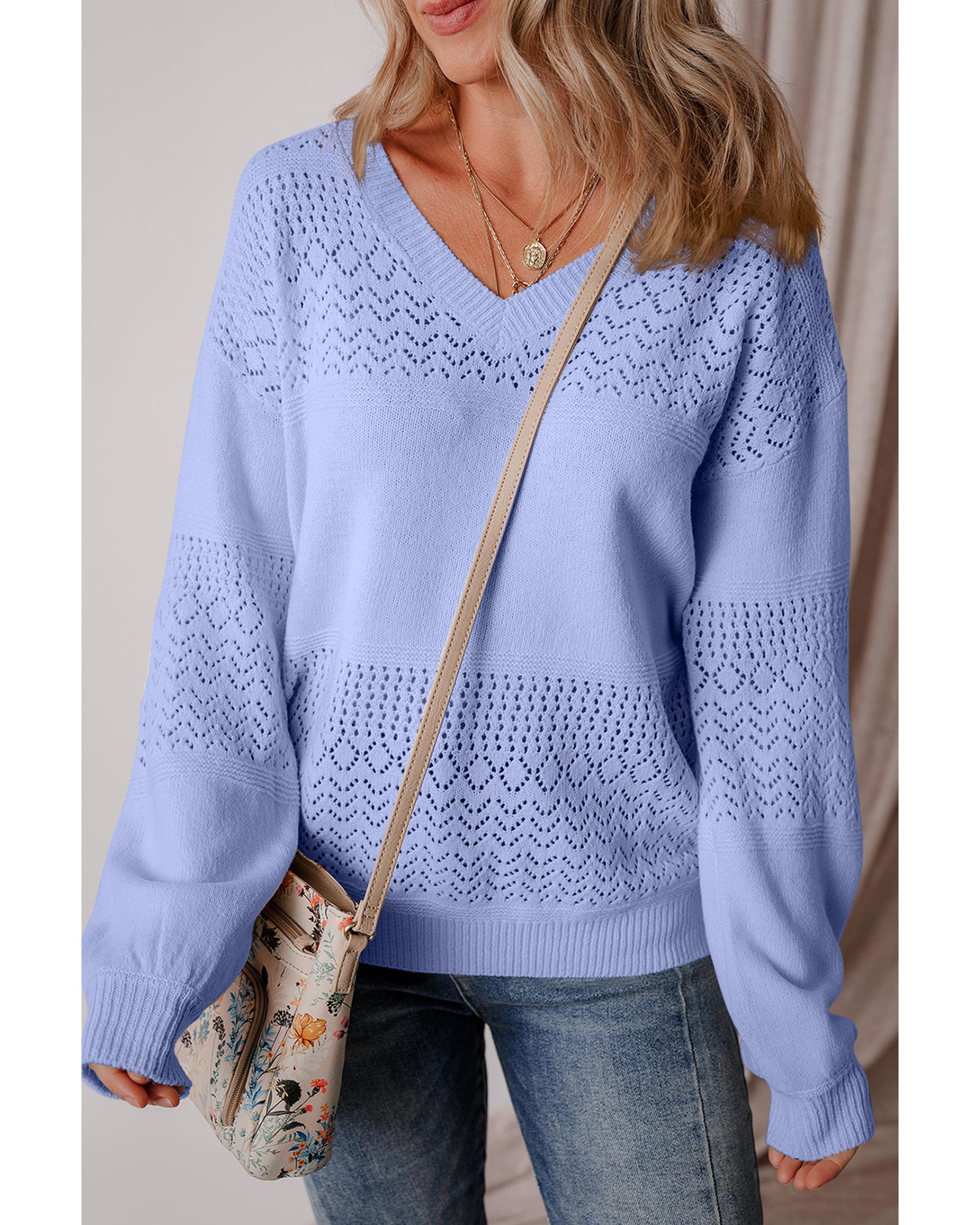 V539-AZEXDC2723137-P304-L-202508282350-00 Sky Blue Eyelet Pattern Detail V Neck Drop Shoulder Sweater - L - Image 1