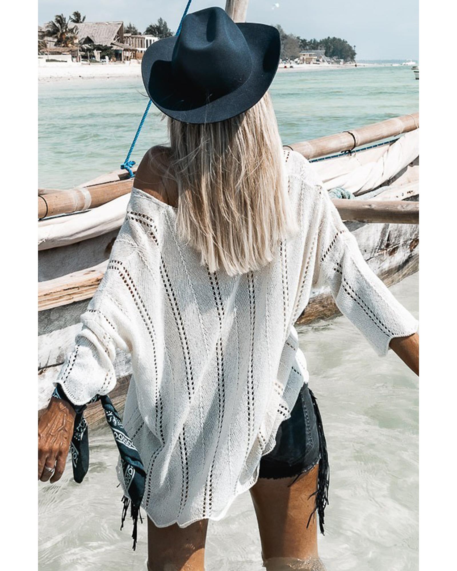 V539-AZEXDC2723167-1-L-202508292015-00 White Hollowed Detail Knitted Loose V Neck Sweater - L - Image 1