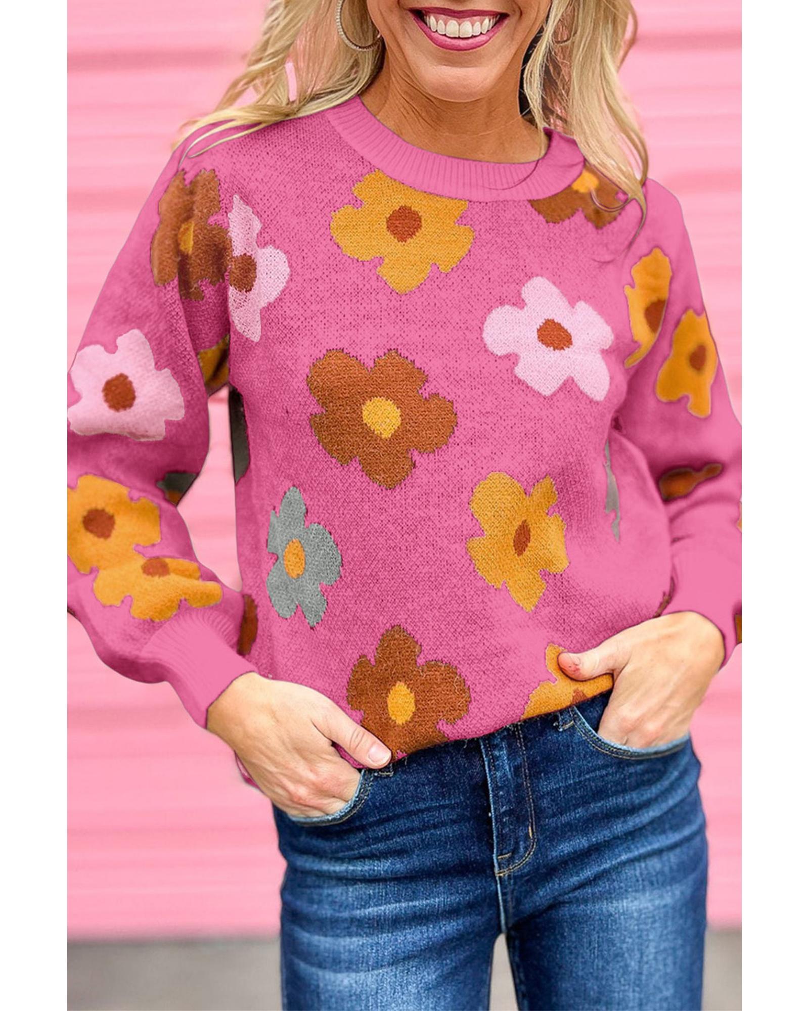 V539-AZEXDC2723204-10-S-202506131812-00 Pink Sweet Flower Knitted Ribbed Hem Sweater - S - Image 1