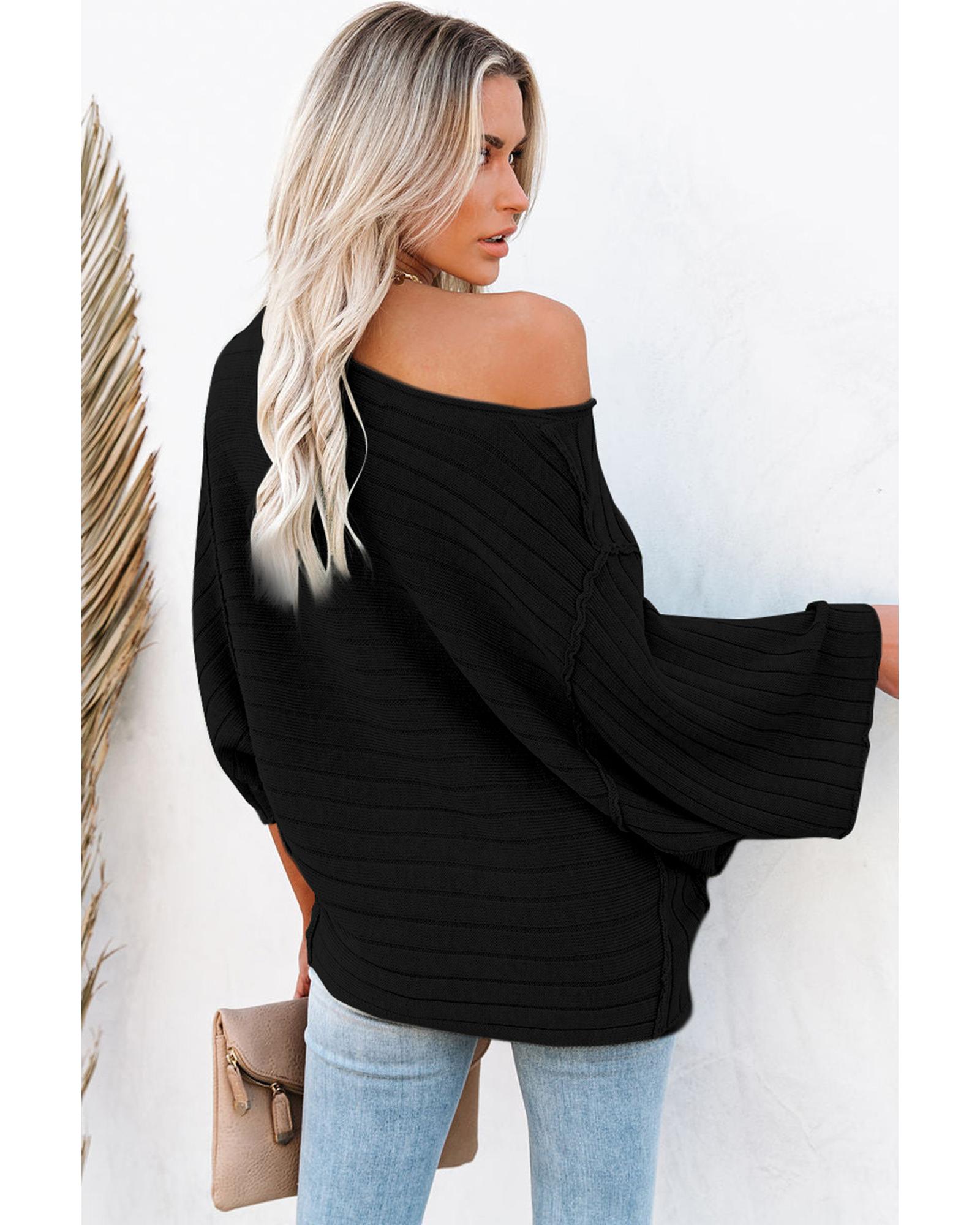 V539-AZEXDC2723218-2-M-202508281020-00 Black Exposed Seam Ribbed Knit Dolman Top - M - Image 1