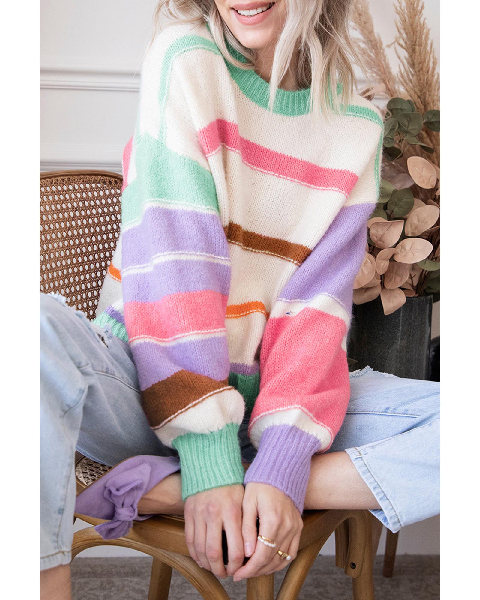 V539-AZEXDC2723438-22-M-202508292235-00 Multicolor Striped Colorblock Drop Shoulder Sweater - M - Image 1