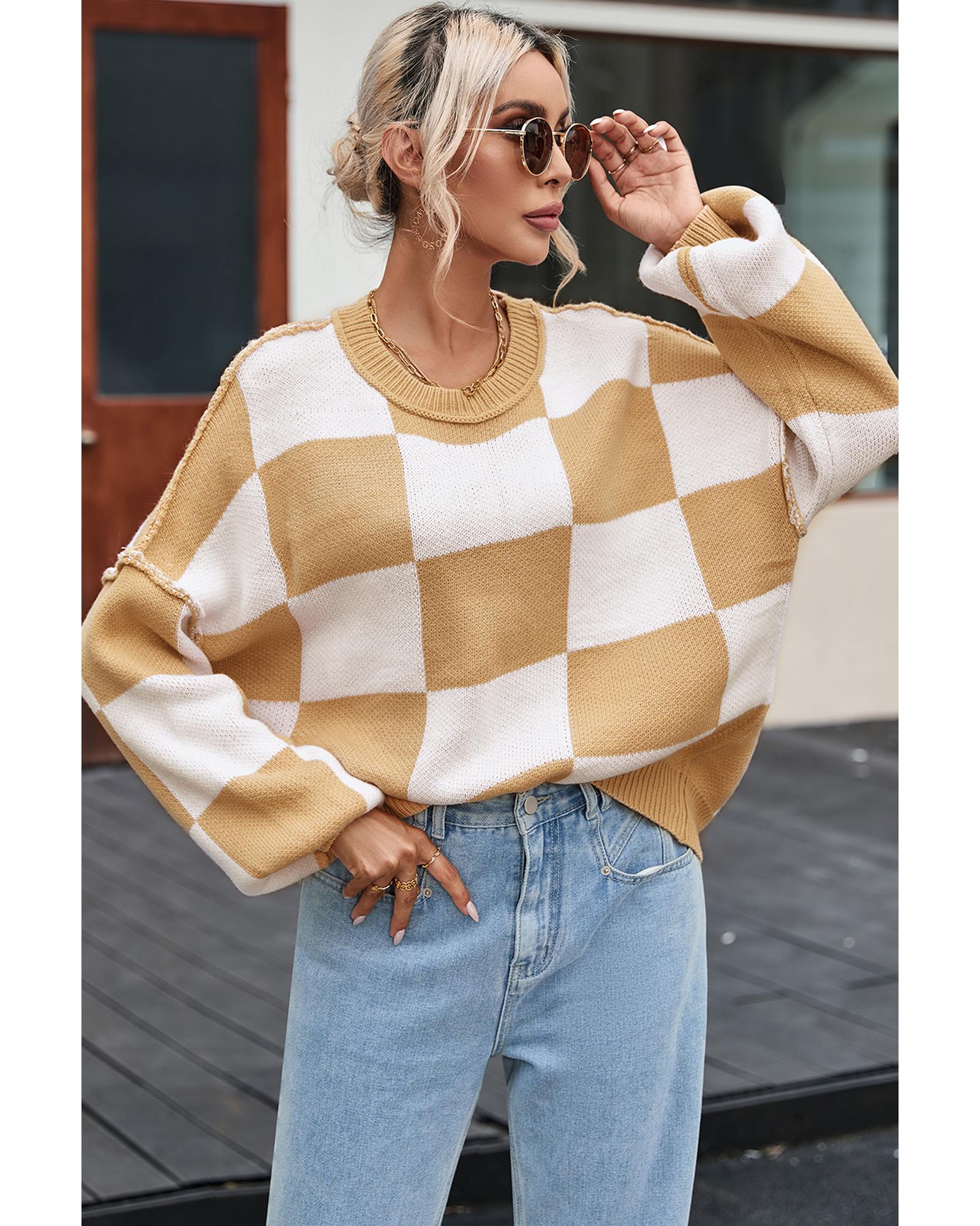 V539-AZEXDC2723492-16-L-202508281520-00 Khaki Checkered Bishop Sleeve Sweater - L - Image 1