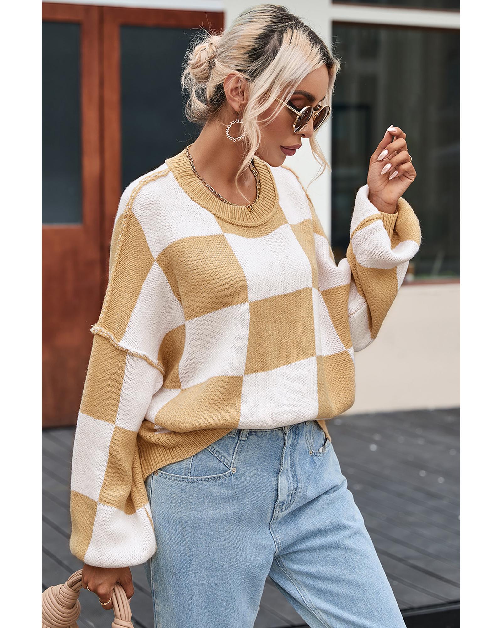 V539-AZEXDC2723492-16-XL-202508281925-00 Khaki Checkered Bishop Sleeve Sweater - XL - Image 1