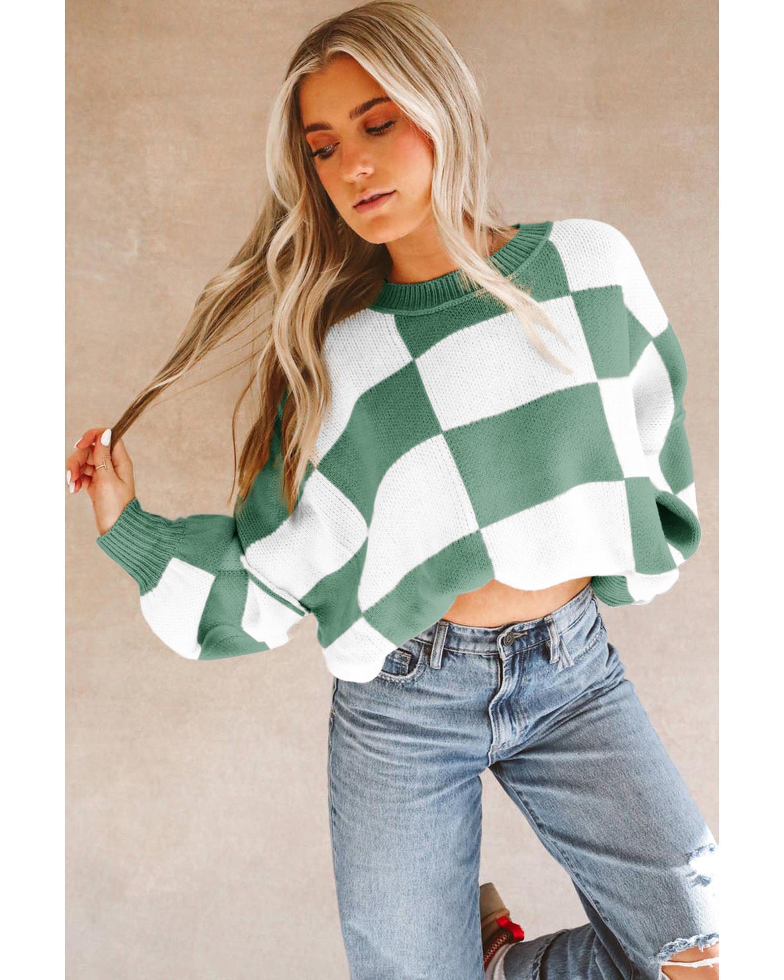 V539-AZEXDC2723492-P919-M-202506140020-00 Green Checkered Bishop Sleeve Sweater - M - Image 1