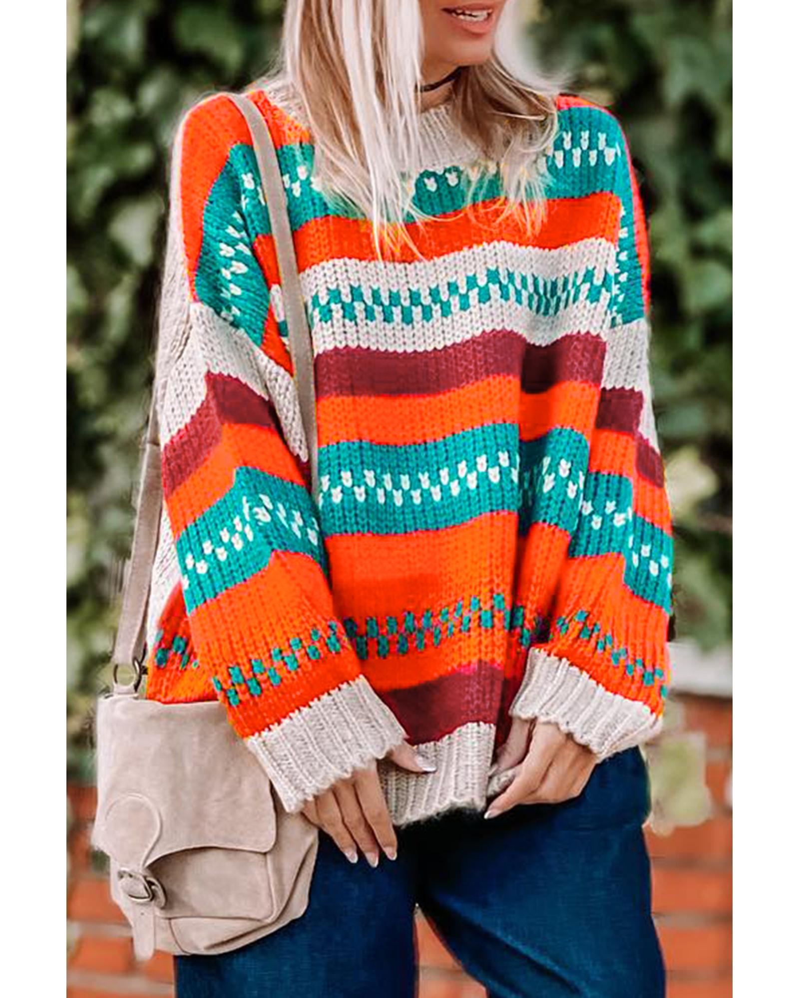 V539-AZEXDC2723618-22-S-202506140040-00 Multicolor Color Block Striped Loose Sleeve Sweater - S - Image 1