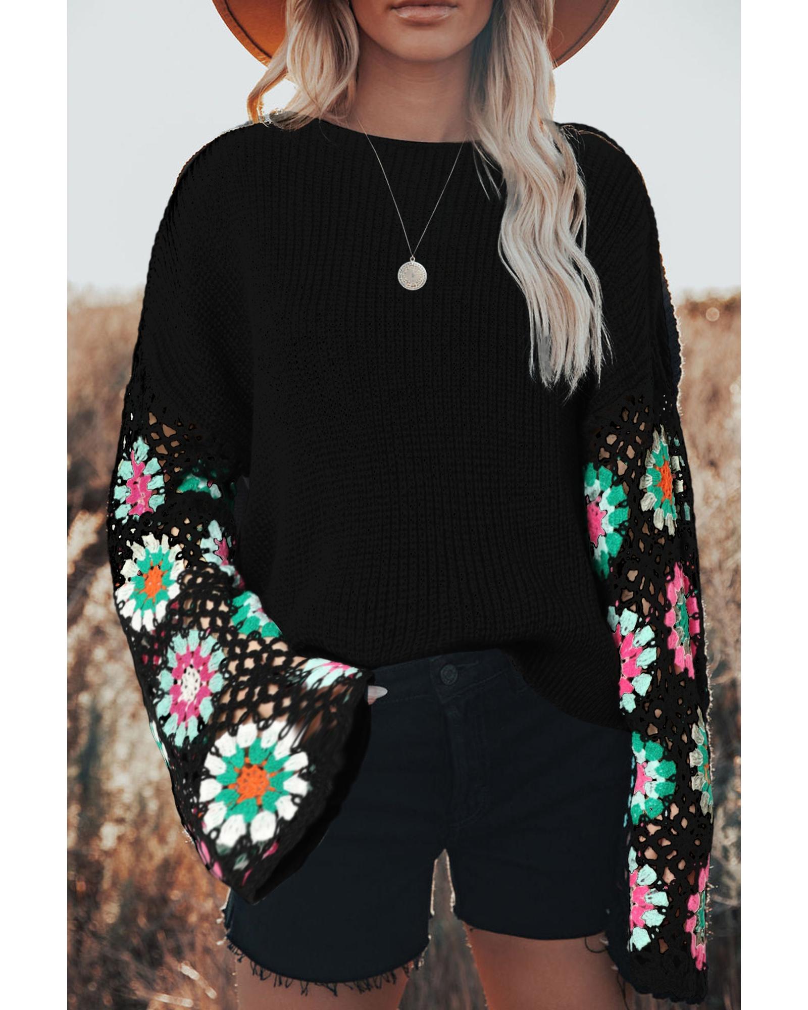 V539-AZEXDC2723676-2-S-202506140115-00 Black Floral Crochet Bell Sleeve Loose Sweater - S - Image 1